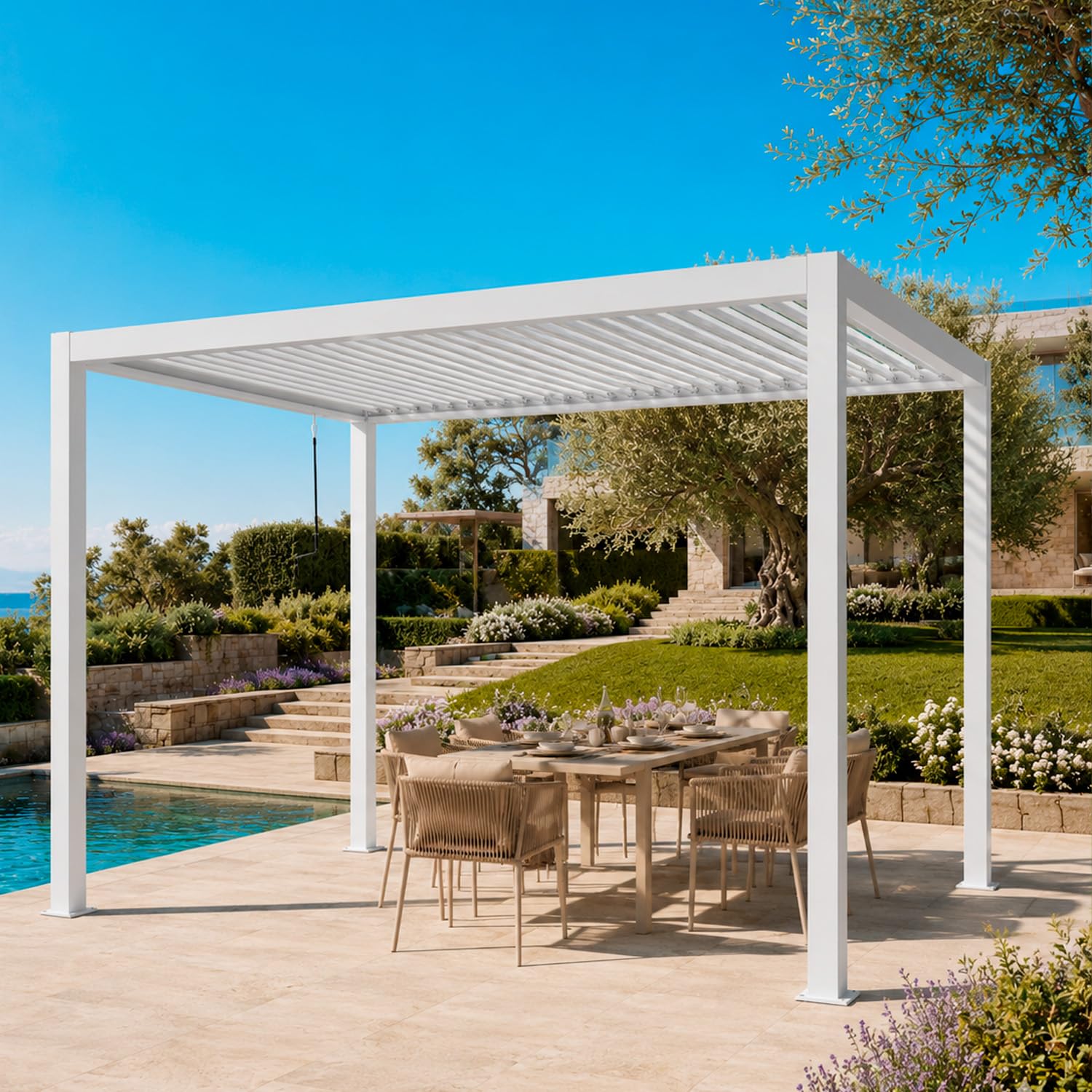 Pergola Bioclimatica 3x4 Metri Gazebo Con Tetto A Lamelle Orientabili Sistema Di Drenaggio Struttura In Alluminio E Acciaio Resistente Ai Raggi UV Per Giardino Terrazza E Piscina Bianco Opaco