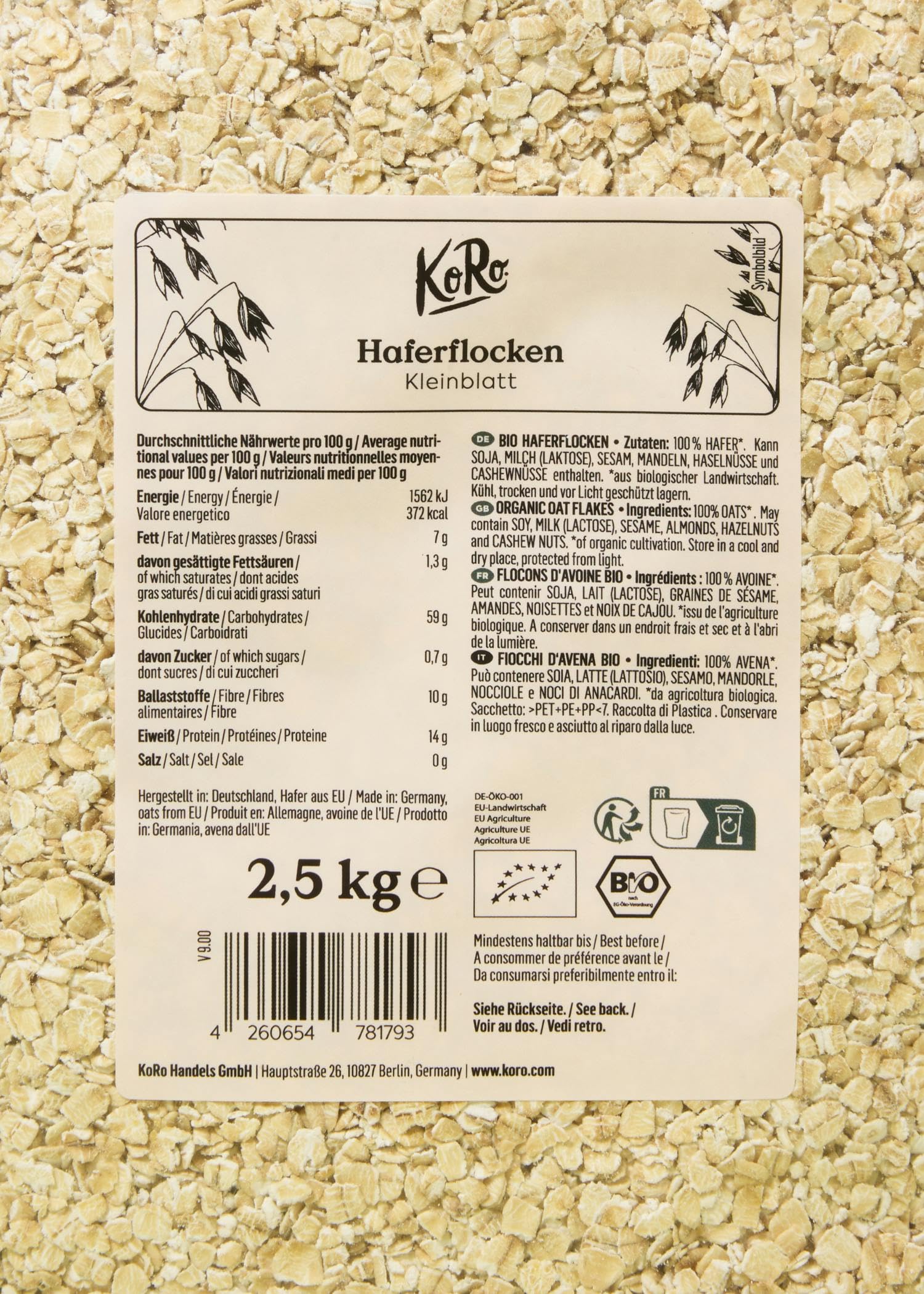 KoRo - Flocons d'avoine petits bio - 4 x 2,5 kg