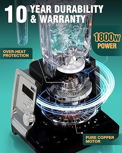 Miniatura 4 de WantJoin Licuadora para batidos, licuadora de encimera de 68 onzas para cocina con potente motor de cobre de 1800 W, 30000 RPM, 9 velocidades,