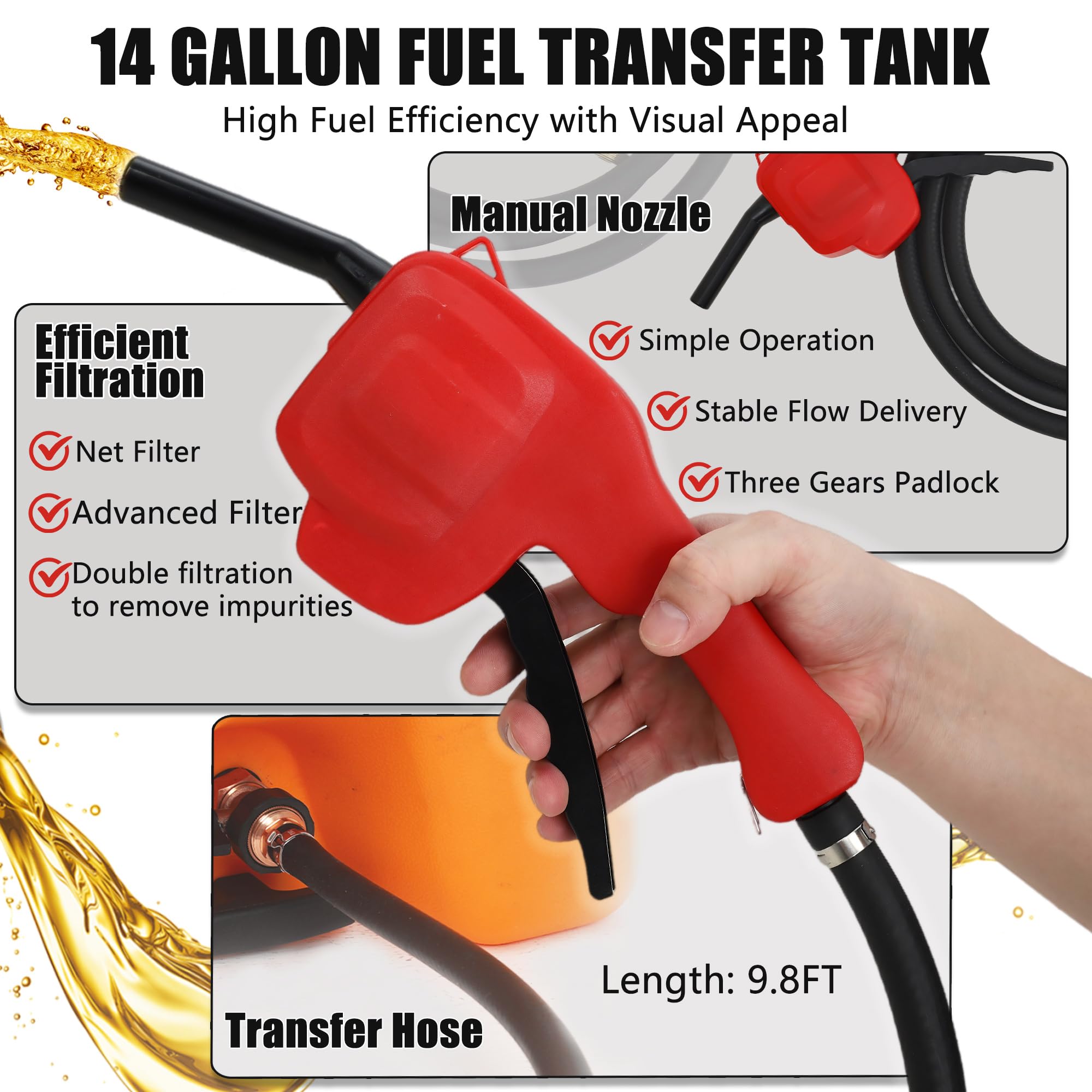 Serbatoio Carburante Portatile 53L Con Ruote, Pompa Sifone Manuale e Tubo 3 m, Per Auto, Barche, Tosaerba e Uso Agricolo, Robusto Design a Valigia, Arancione, senza cinghia