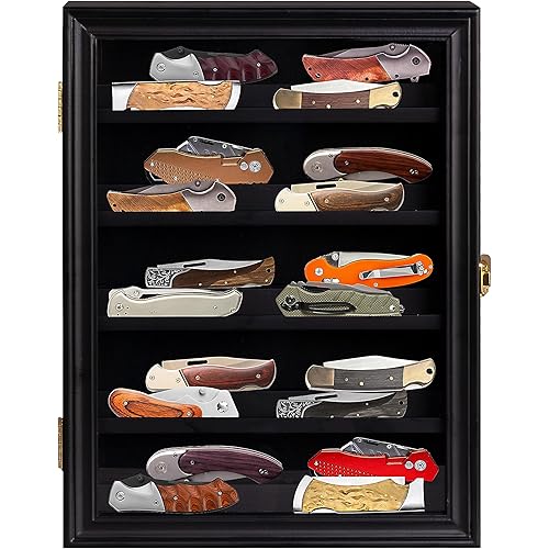 Pocket Knife Display Case for Wall Knife Collection Display Case with Patented Step Design and Removable Shelves to Use as Wall Mount Shadow Box Cabinet that Holds up to 20 Locking Knives Color Black