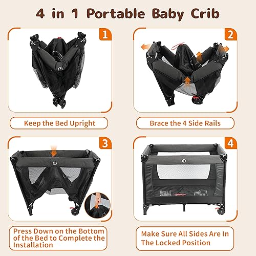 Miniatura 6 de Pack and Play 4 en 1 con moisés, cuna de bebé, centro de guardería de lujo, cambiador grande, corralito de bebé con colchón plegable, corralito de