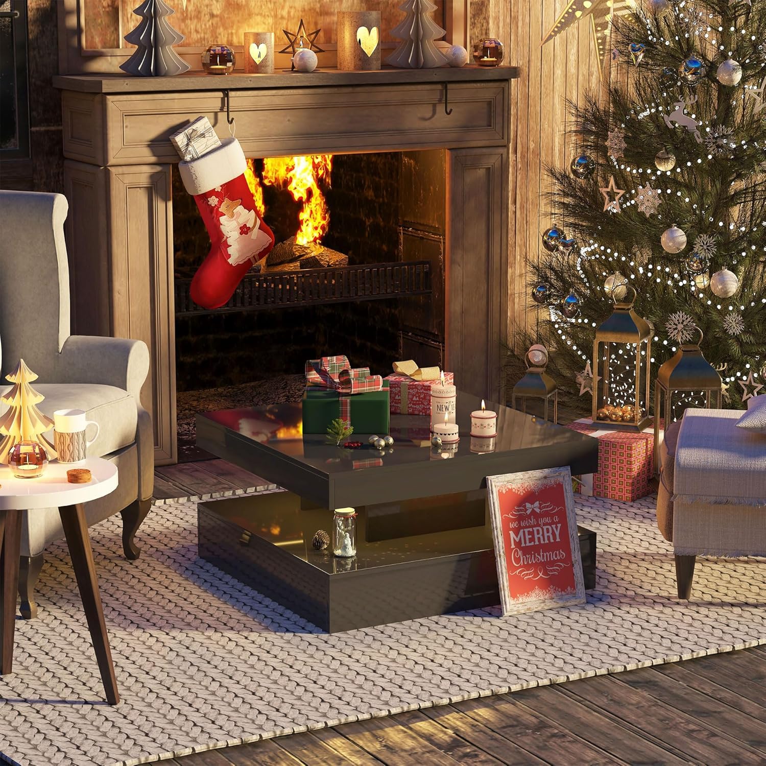 KEEPREAPER Couchtisch Wohnzimmertisch, Sofatisch mit LED Beleuchtung modern für Wohnzimmer, 78 x 78 x 40 cm (Schwarz)