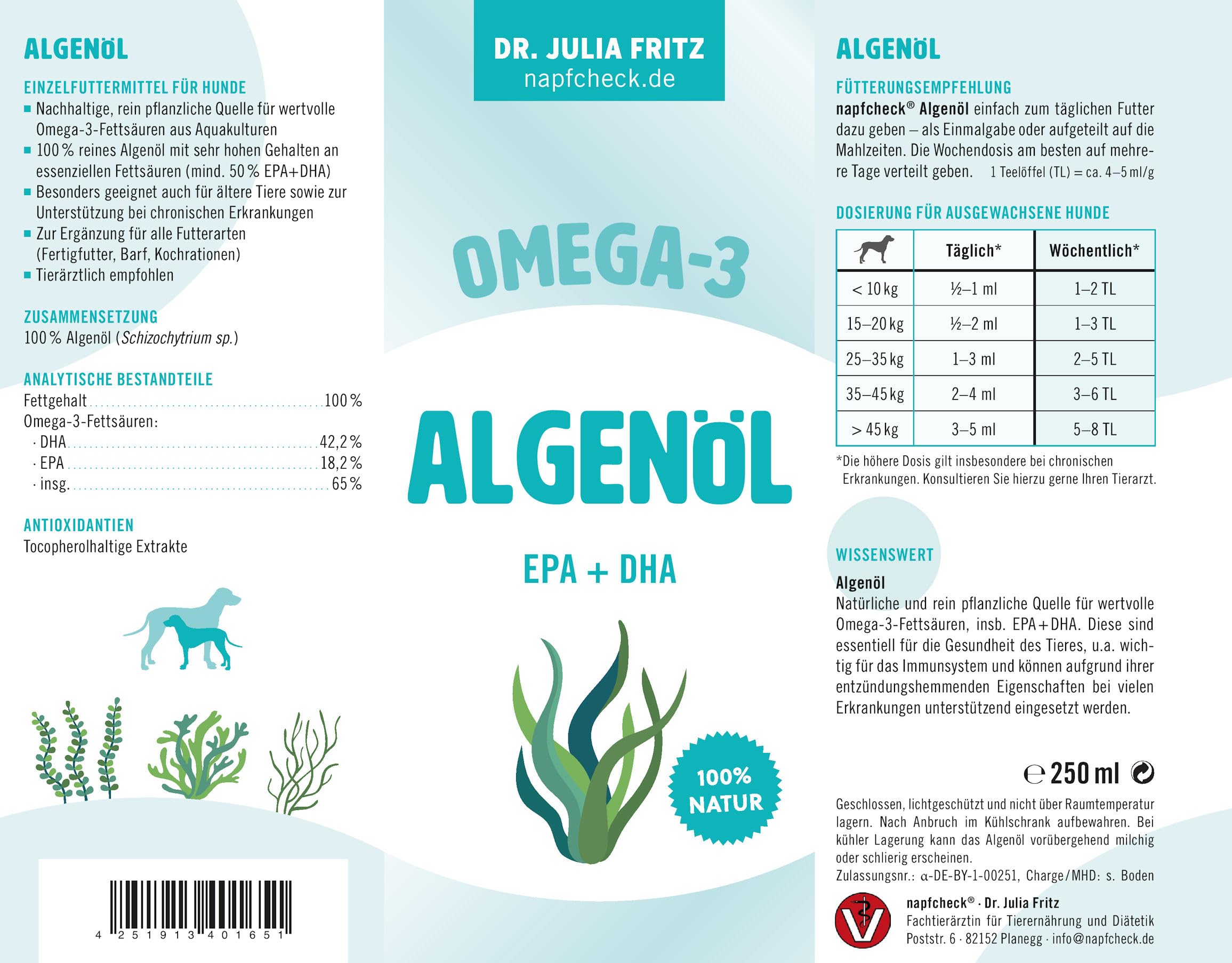 napfcheck Algenöl – Omega-3 – für Hunde - 250 ml