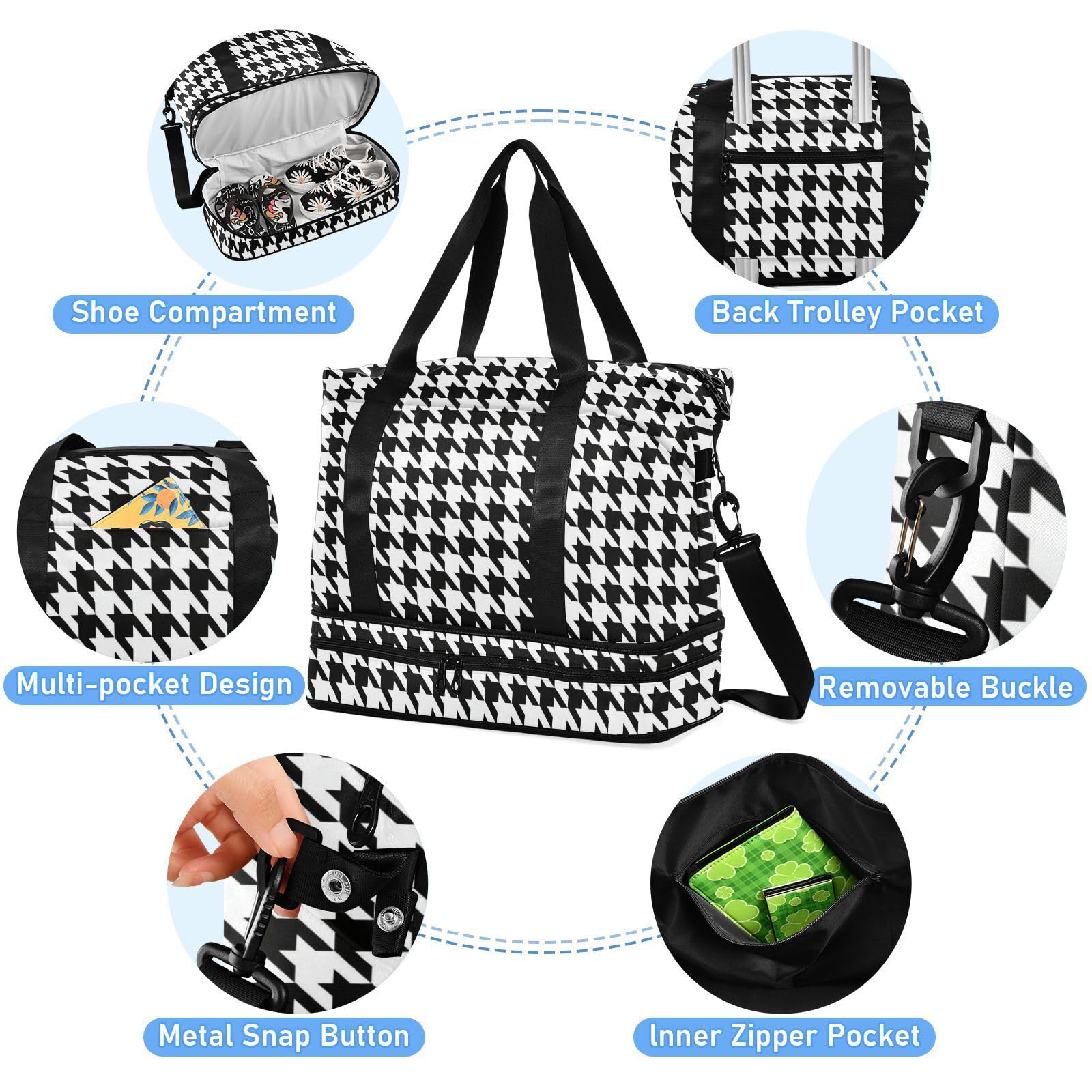 Sac de voyage étanche motif pied-de-poule noir et blanc avec poche humide et sangle réglable pour homme et femme