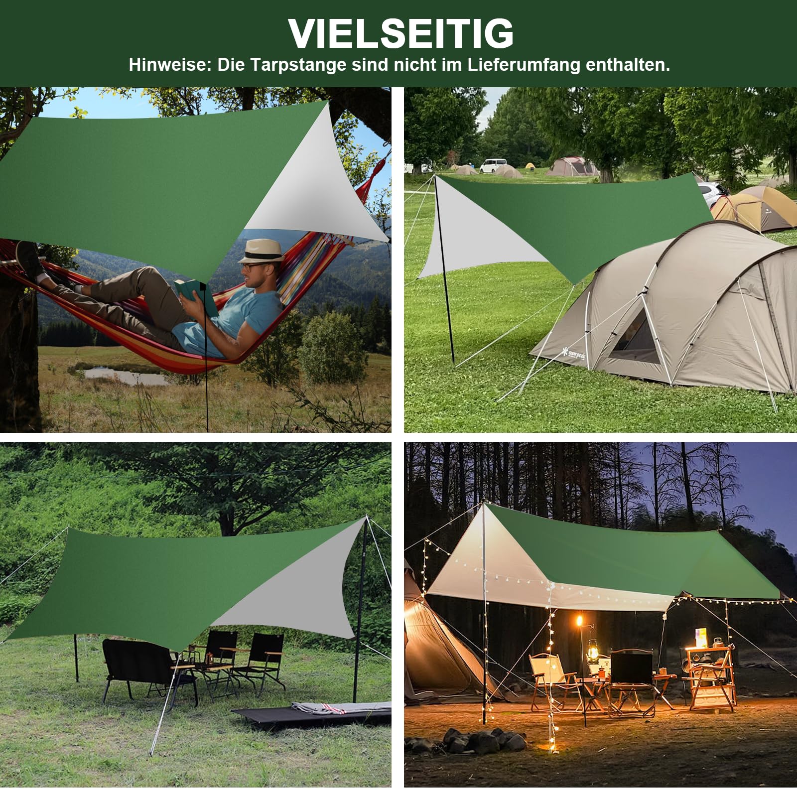Camping Bâche 3x3M,Toile de Tente Imperméable Anti-UV,Camping Bâche Anti-Pluie,Tente Parasol Abri de Survie Tous Temps pour Extérieur, Bivouac, Randonnée, Trekking, Hamac, Auvent Van Fourgon