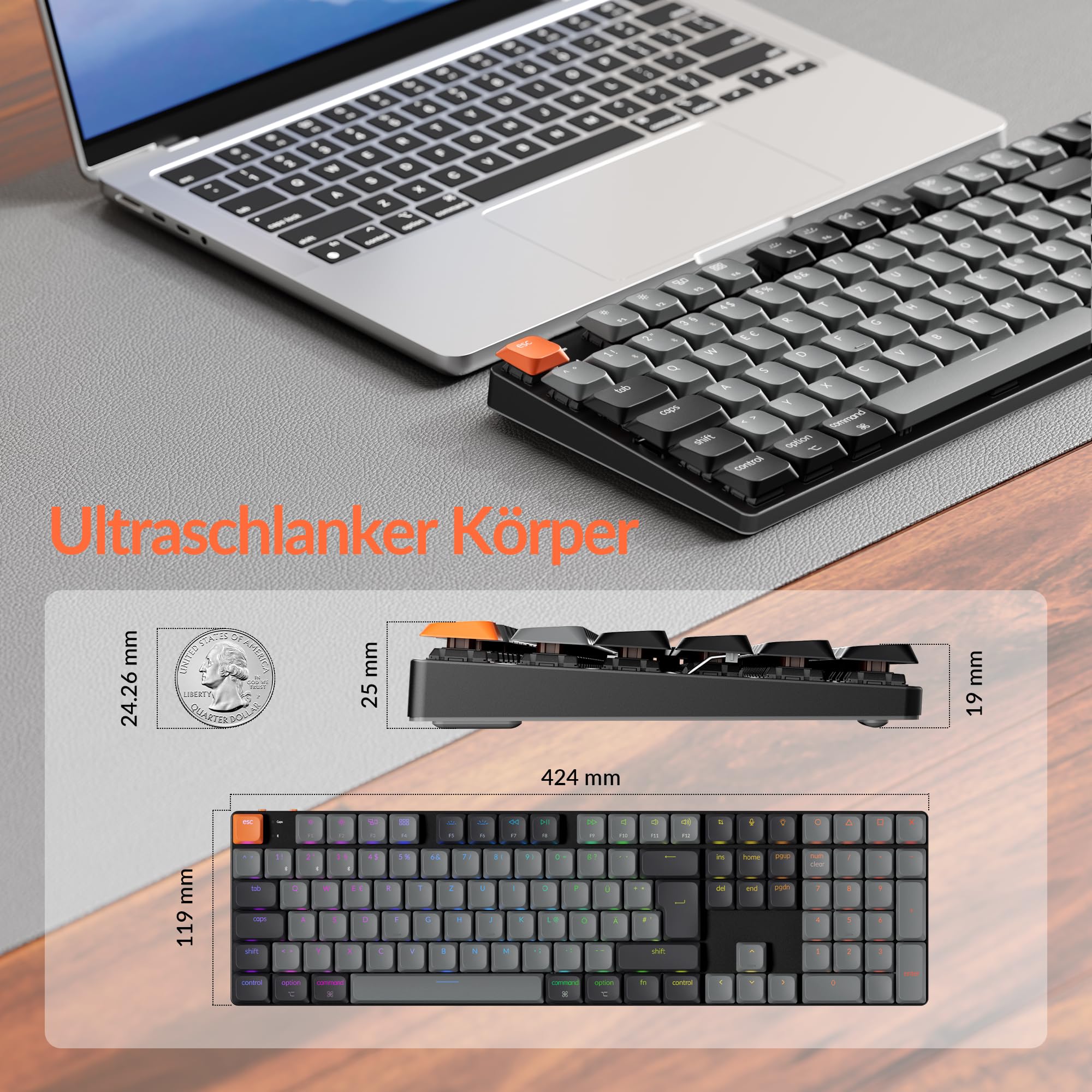Keychron K5 Version 2 QMK Kabellose Low-Profile Tastatur, 100%-ISO-DE-Layout, RGB, Bluetooth 5.2/USB-C, Shine-Through Tastenkappen, QWERTZ-Tastatur für Mac/Windows/Linux, Milk POM Braun Schalter