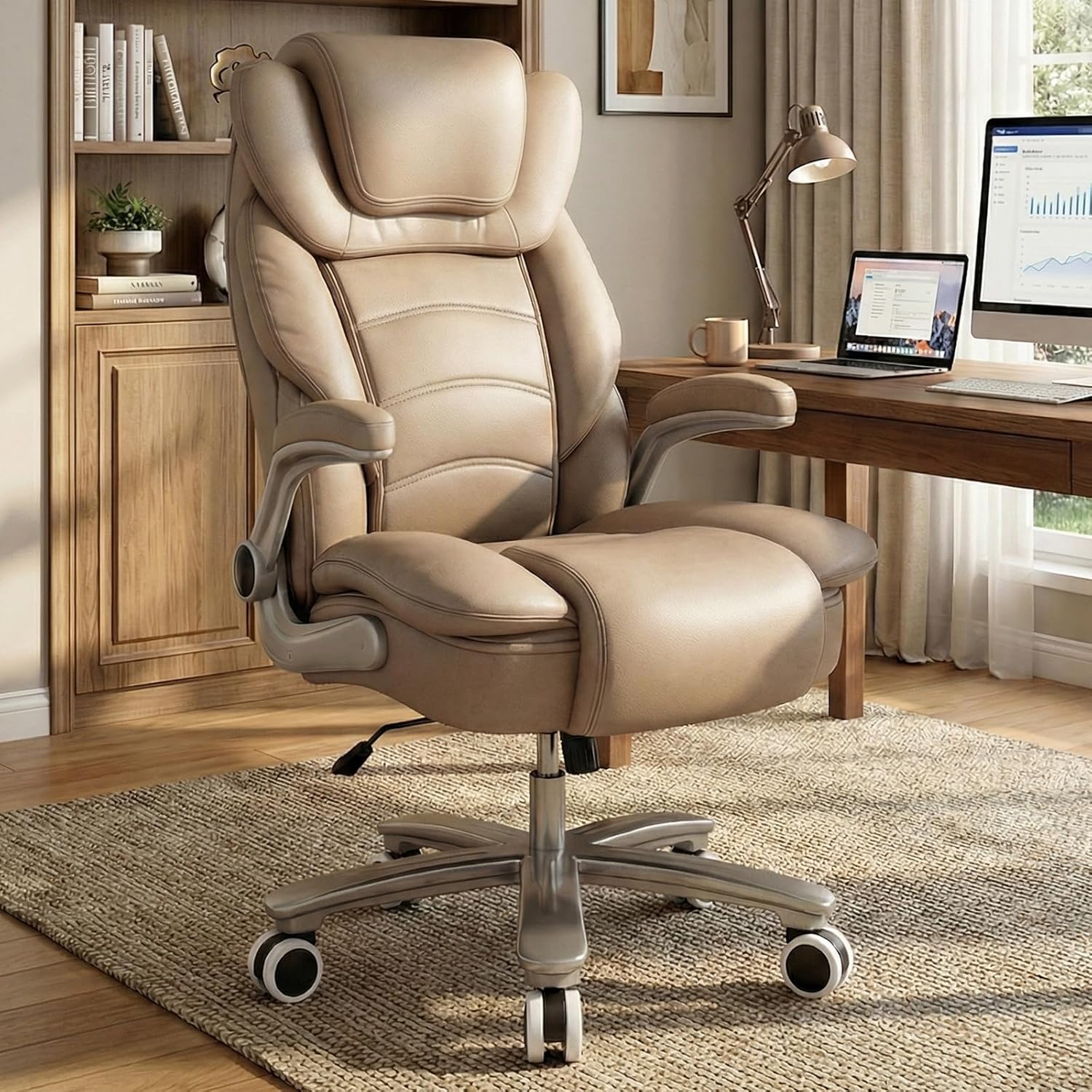 GYI Big and Tall Office Chair 400lb Wide Seat, Ergonomic High Back Leather Executive Desk Chair with Flip-up Arms, Brown