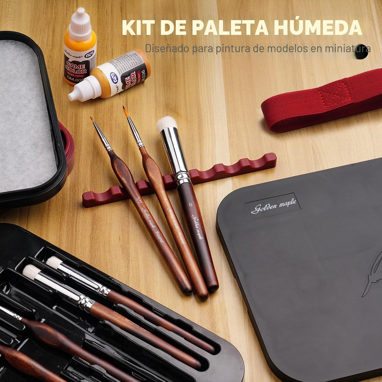 Golden Maple Kit de pintura en miniatura con paleta húmeda, 11 pinceles de pintura de detalle, 100 piezas de papel de paleta húmeda, 4 esponjas, soporte para pinceles, paleta de ahorro de pintura para