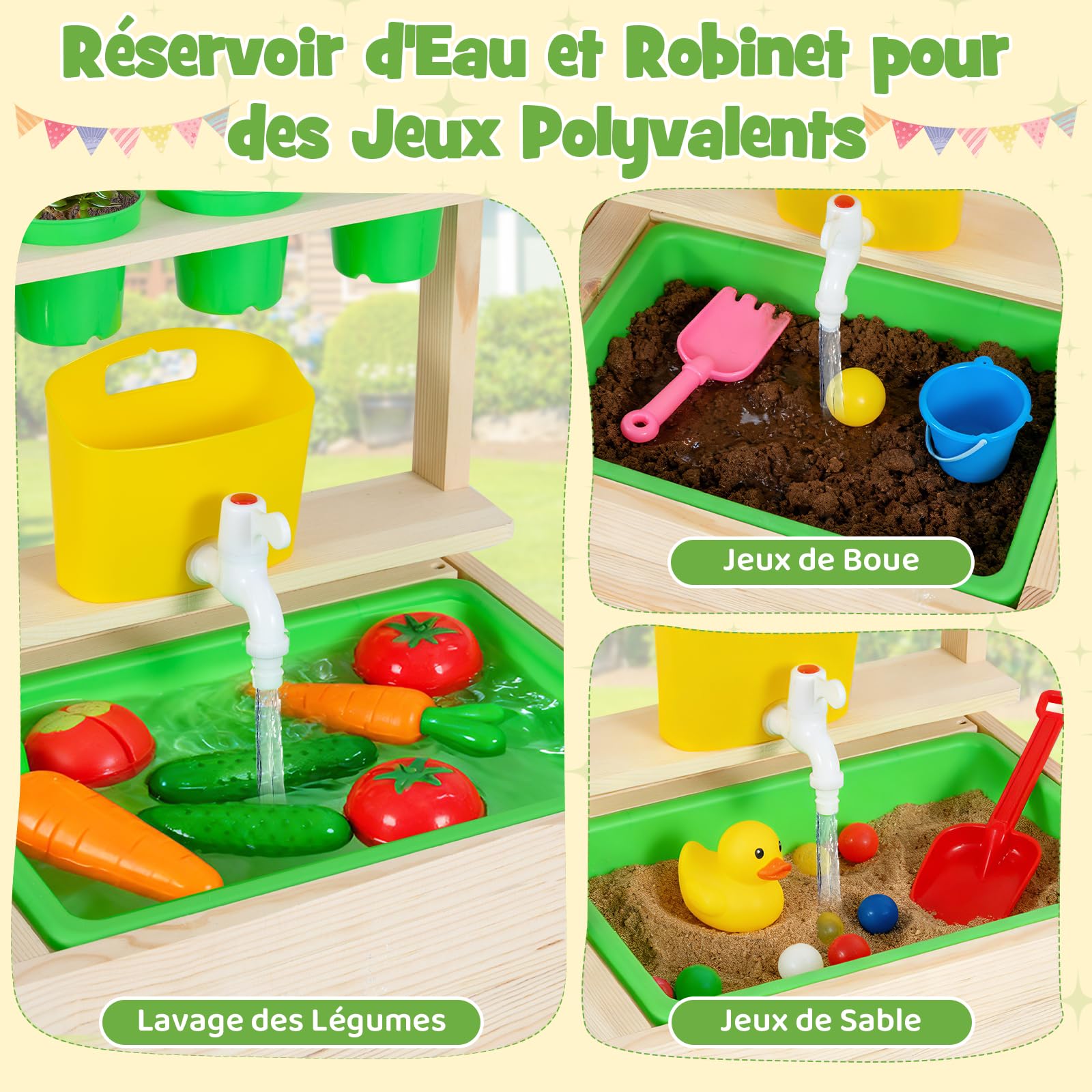 COSTWAY Cuisine Extérieure Enfant en Bois de Pin avec Tableau Noir et 4 Pots, Cuisine de Boue avec Évier et Réservoir d'eau et Robinet, Étagère, Jeu d'Imitation Boueuse pour Jardin Balcon, 3 Ans+