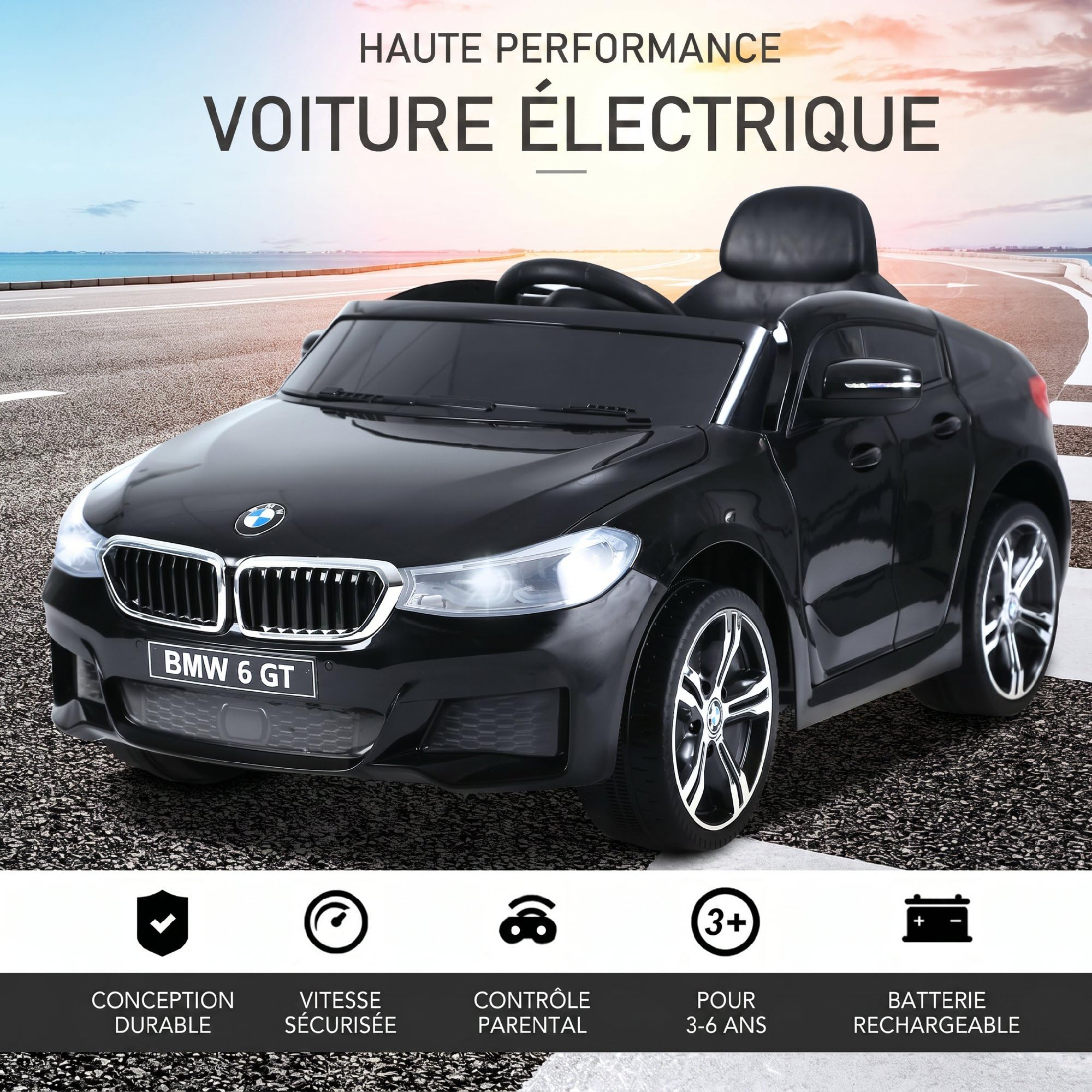 HOMCOM Voiture Électrique Enfants 6 V Télécommande Incluse Noir BMW 6 GT | 3 Km/h Max., Effets Sonores et Lumineux