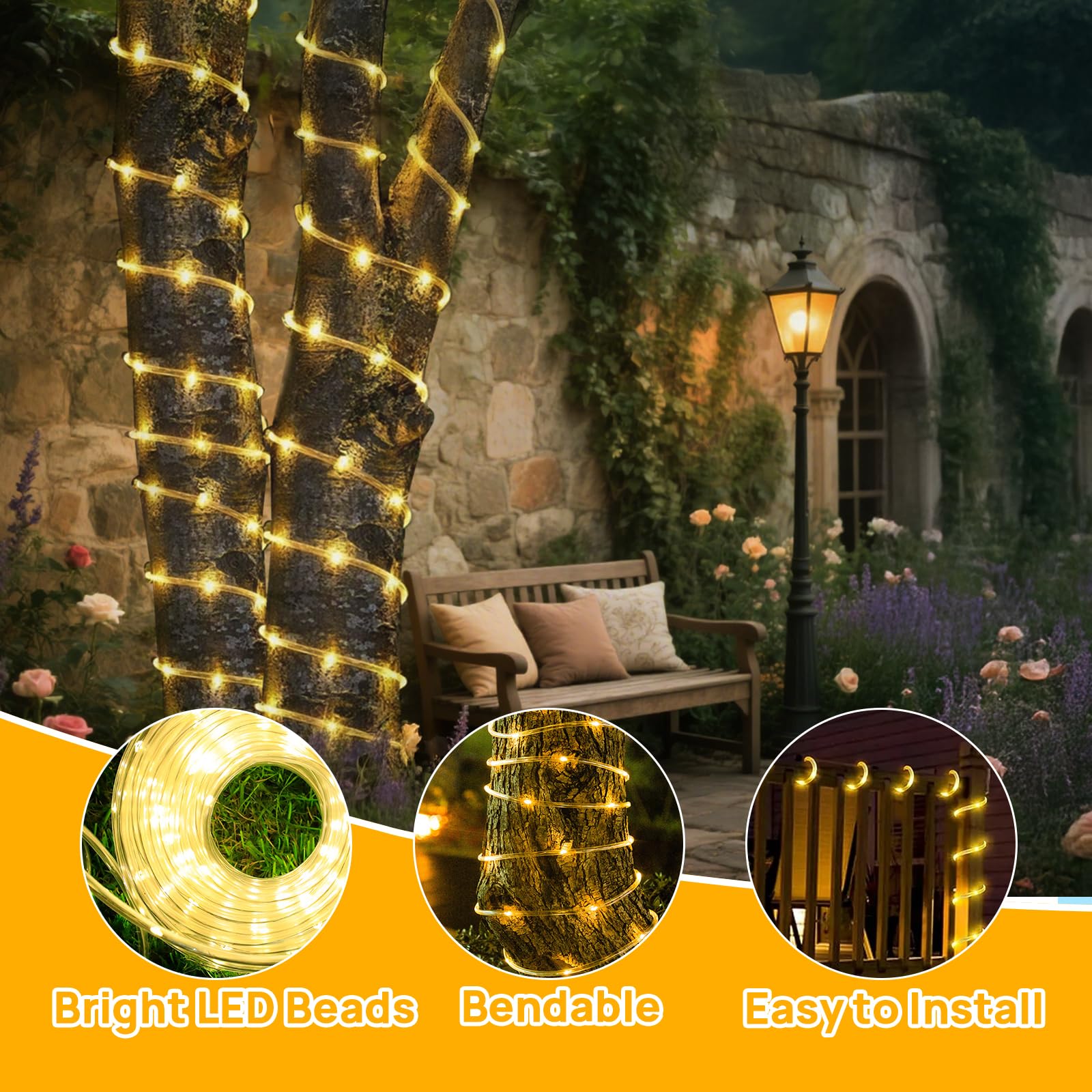 Aofonchy Solar LED Rope Lights Outdoor, 66Ft 200 LEDs Waterproof Tube String Lights with 8 Modes & Remote Control - Image 3