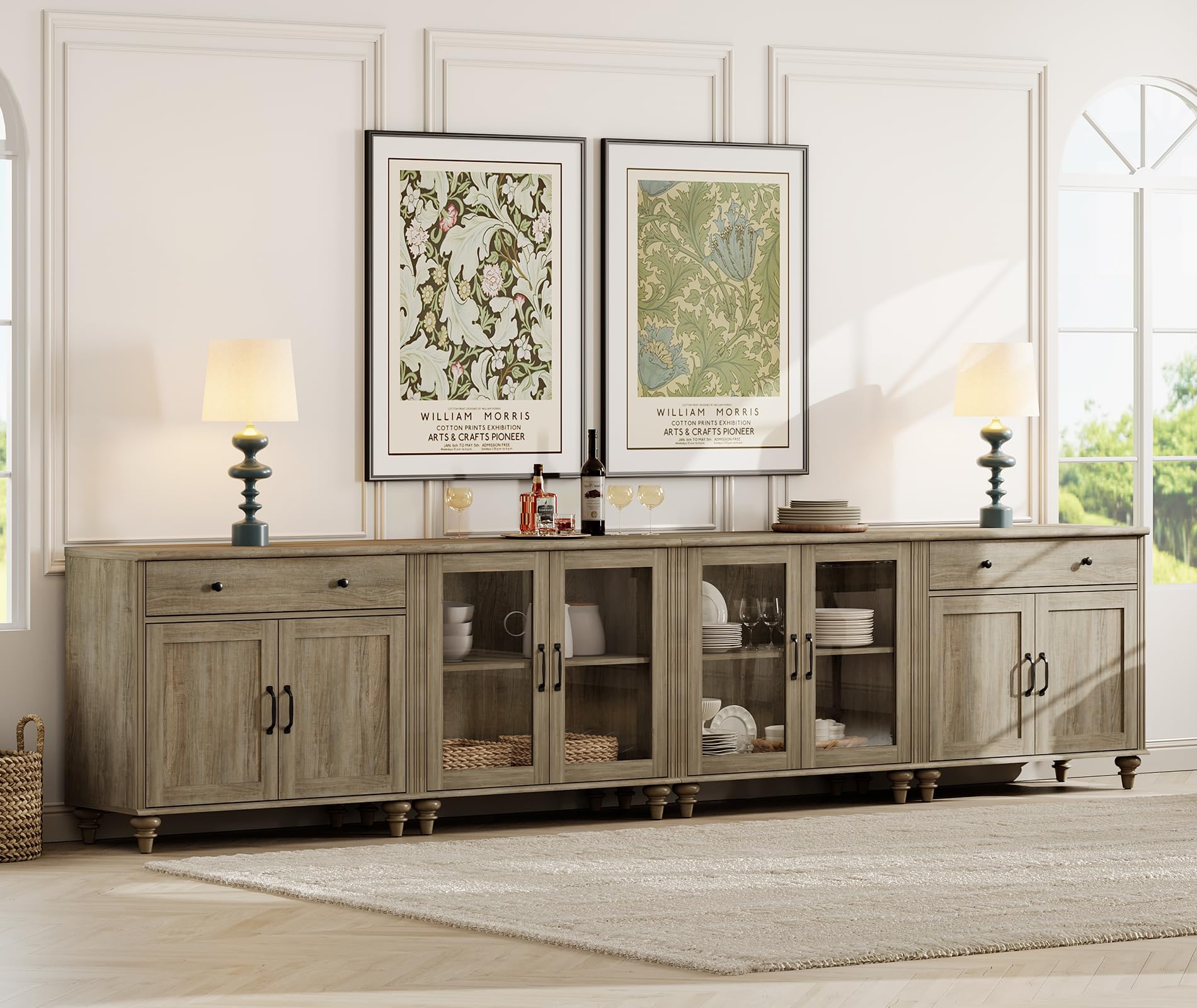 WAMPAT Sideboard Cabinet with 4 Glass Doors, 4 Wood Doors and 2 Drawers, Vintage Wood Grain Design, 4-in-1Buffet Cabinet with Storage, Coffee Bar for Dinning Room, Kitchen,and Living Room, Wash Grey
