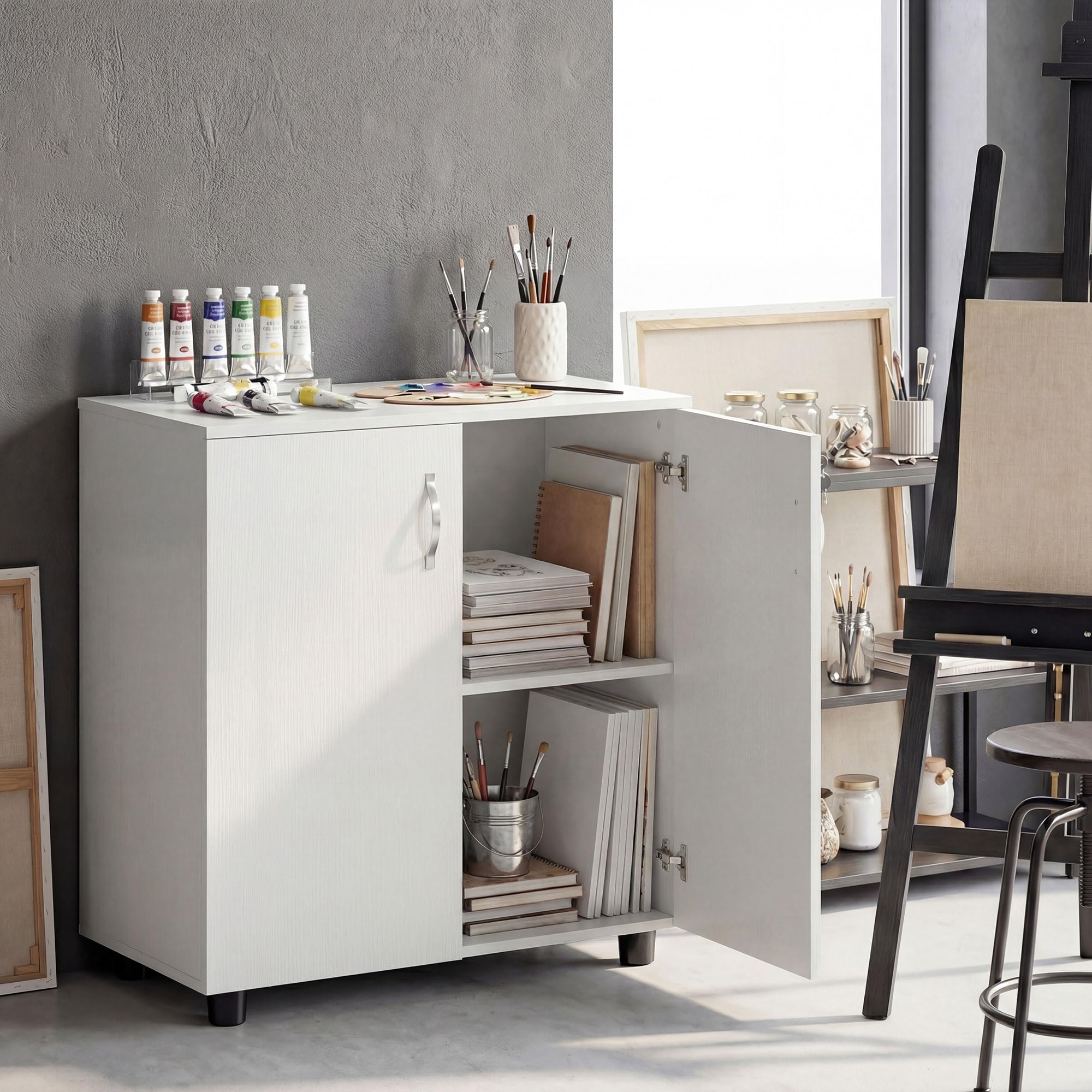 Vinsetto Armoire de Bureau à 2 Niveaux, Meuble de Rangement Bureau avec 2 Portes, serrures et clés, Armoire à dossiers pour Domicile, Garage, 80 x 40 x 80 cm, Blanc