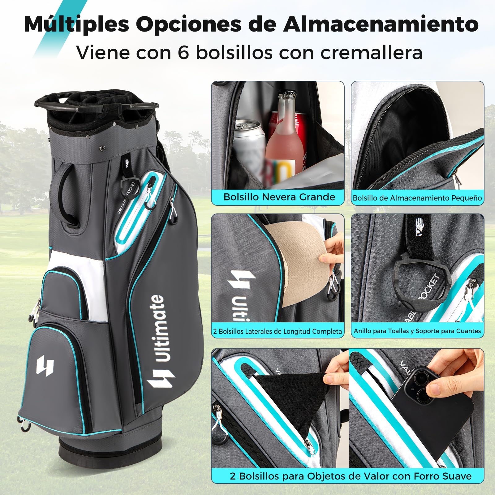 COSTWAY Bolsa Golf con 14 Divisores, Correa para el Hombro, 6 Bolsillas de Cremallera, Nevera de Bolsillo, Bolsa de Carro para Palos de Golf Hombres y Mujeres (Gris)