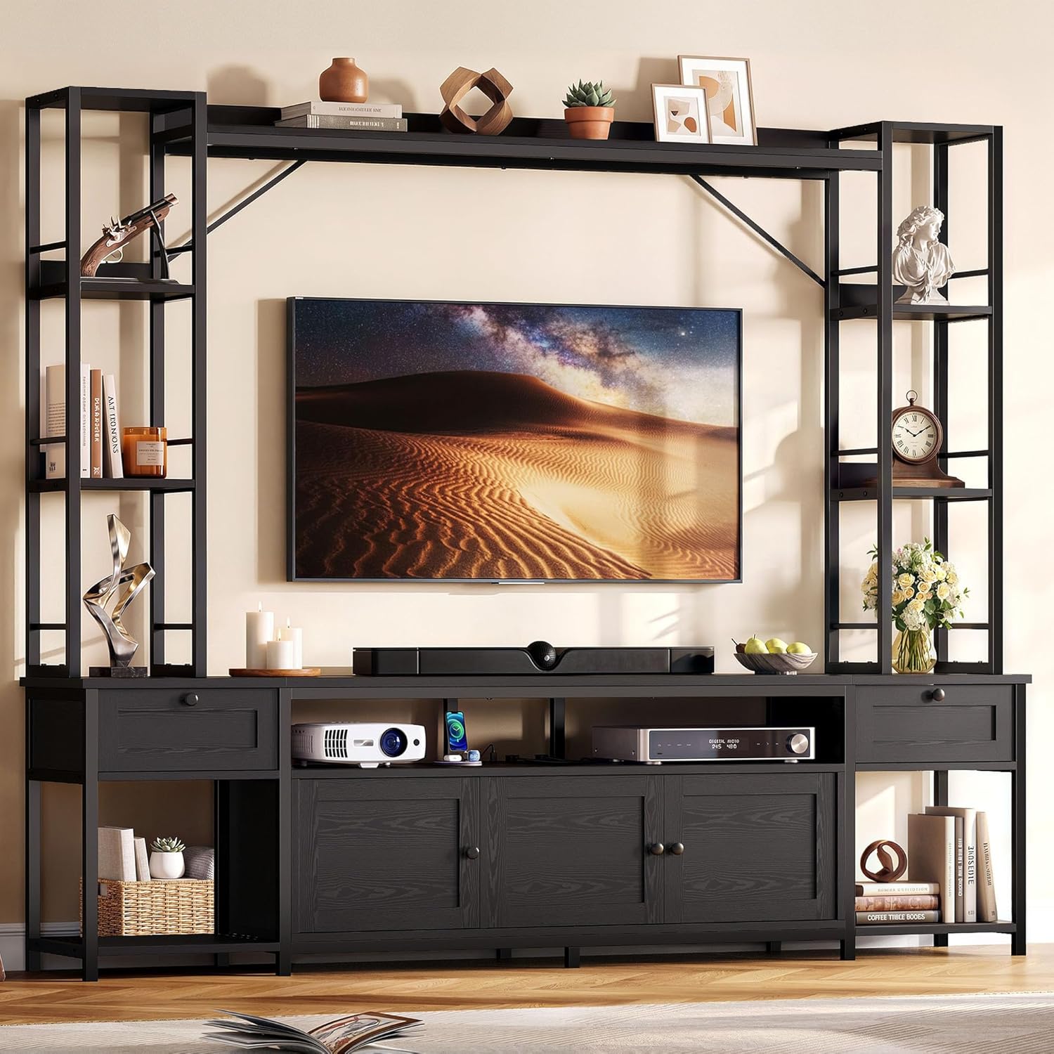 IRONCK Entertainment Center, TV Stand for TVs 65 inch with Storage and Power Outlet, Media TV Console with 2 Wood Drawers and 2 Cabinets, TV Stands for Living Room, Black
