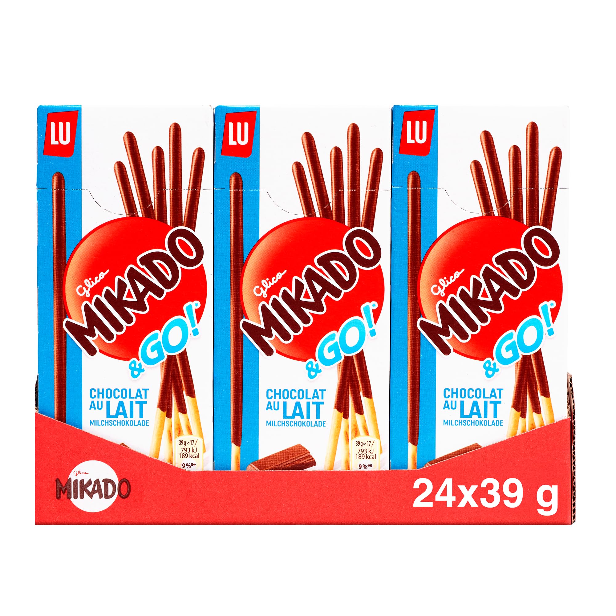 Mikado & Go! Palitos Galleta Cubiertos con Chocolate Leche, Pack 24 x 39g