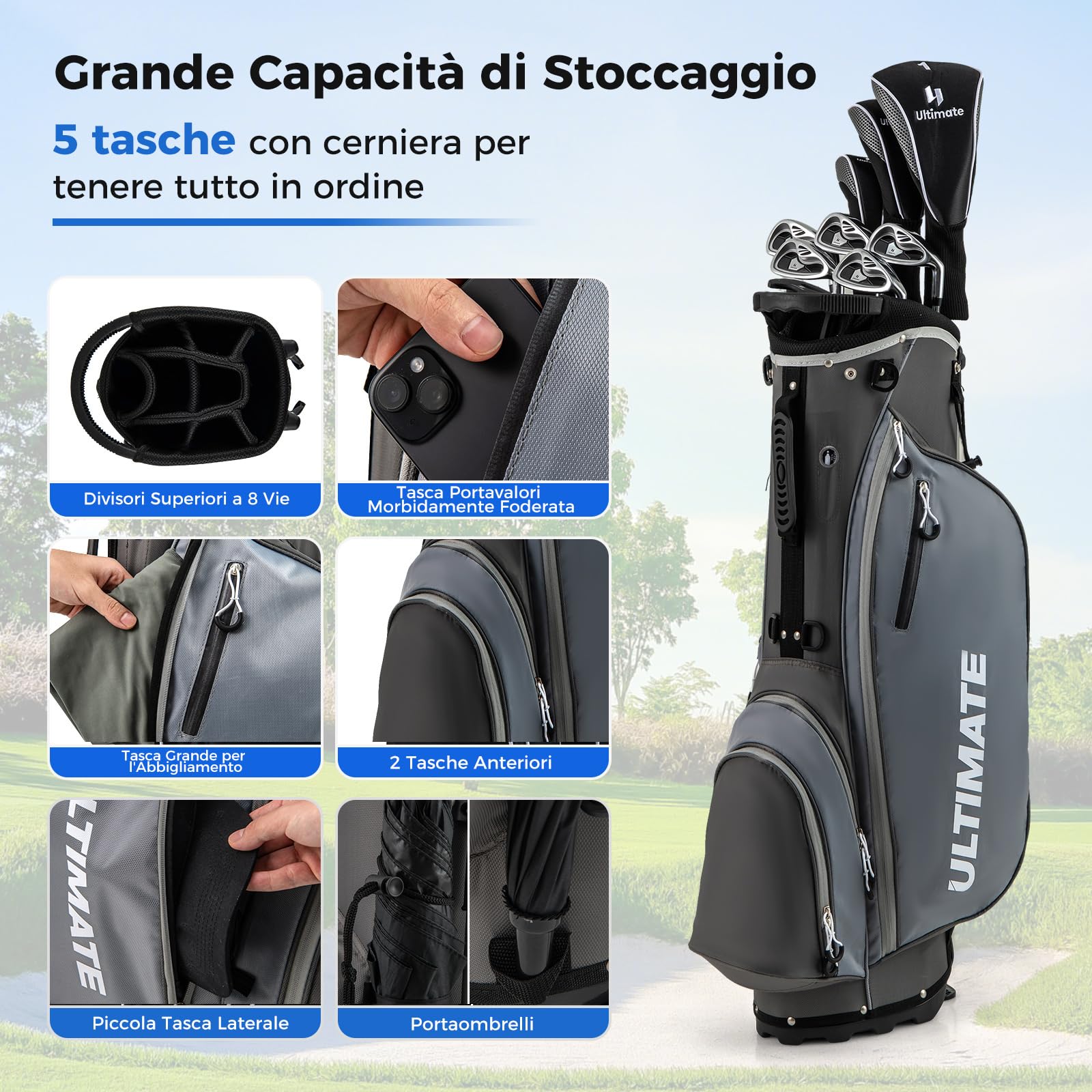 COSTWAY Set Completo di Mazze da Golf per Destri da Uomo, con Driver da 460 cc, Legno da Fairway 3, Ibrido 4, Ferri 6 7 8 9, P, Putter e Borsa per mazze da golf