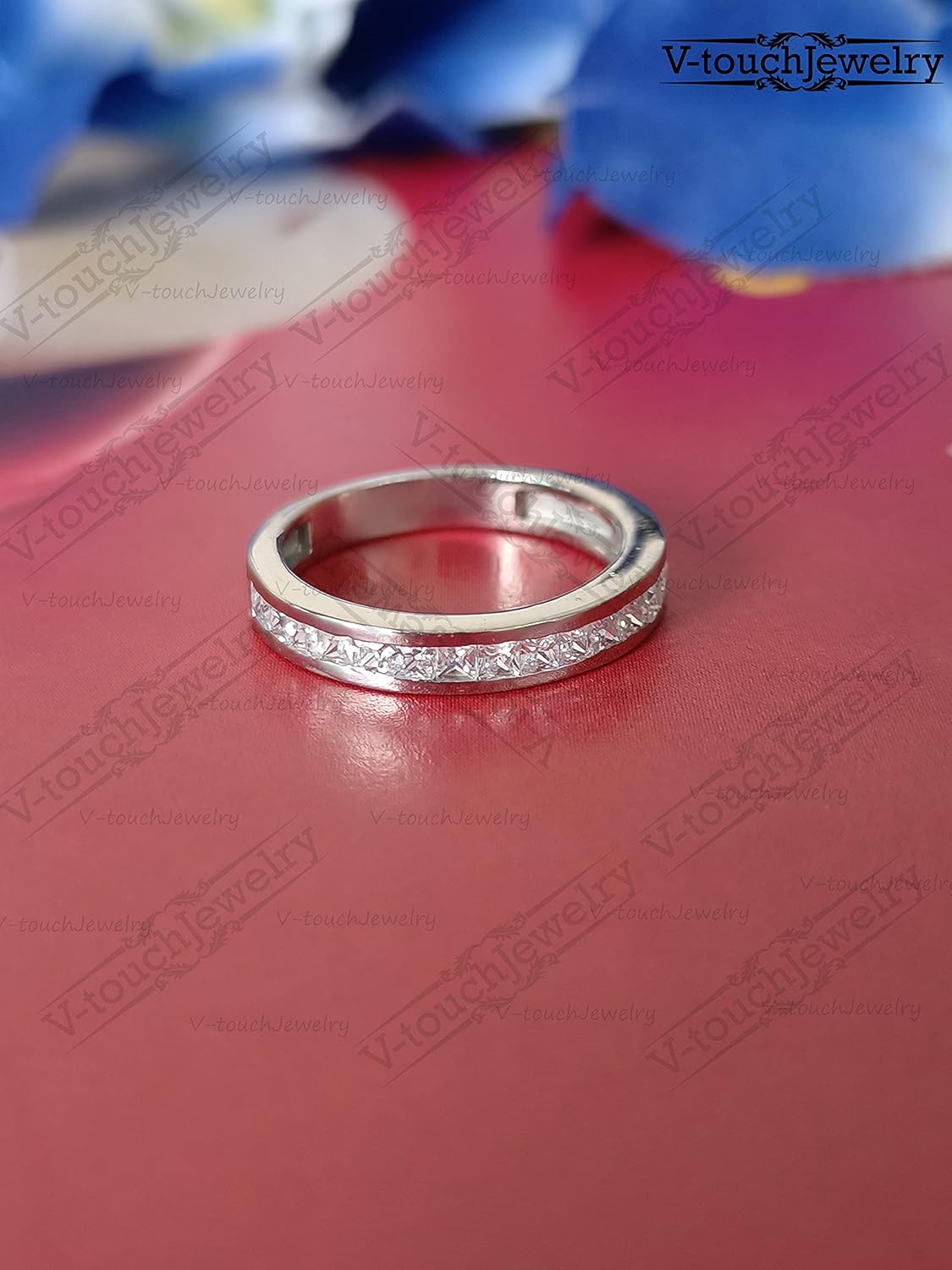 V Touch 14K White Gold Plated 925 Sterling Sliver 3 Piece Wedding His Engagement & Her Band Rings Sets Cushion & Princess Cut Created Diamond for Couple Mens and Women Trio Ring Set