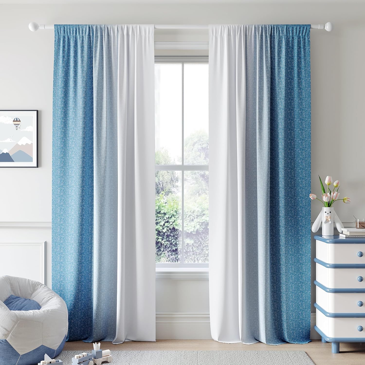 Ombre 100% Blackout Curtains 90 Inches Long 2 Panels for Nursery Bedroom Blue White Gradient Patterned Room Darkening Thermal Insulated Rod Pocket Window Treatment Drapes