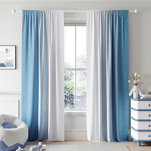 Miniatura 12 de Cortinas Ombre 100% Opacas de 90 Pulgadas de Largo, 2 Paneles para Dormitorio, Sala de Estar, Patrón Degradado Azul y Blanco, Oscurecimiento de Ojal