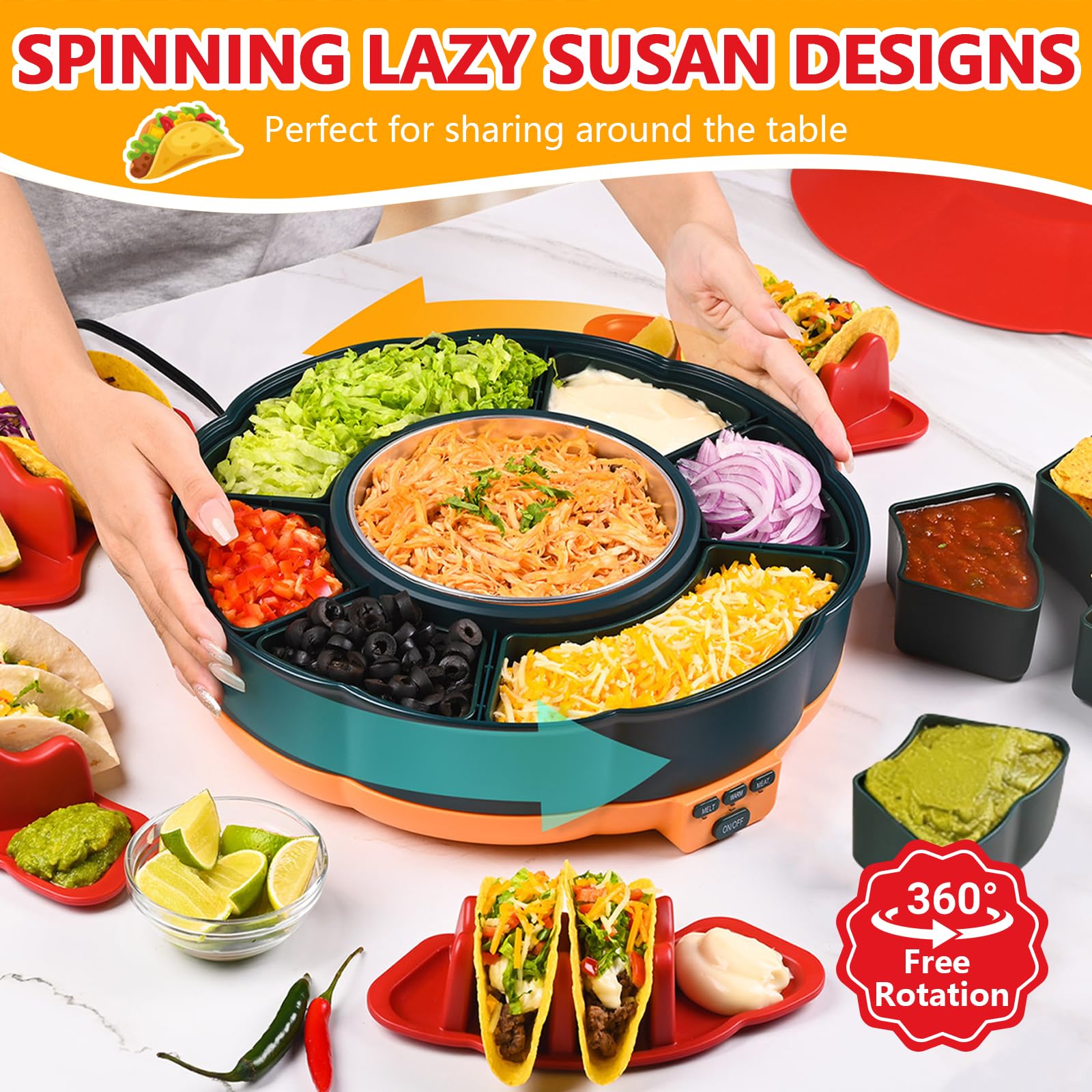 Set Taco Tuesday, Service à Tacos et Fondue au Chocolat avec Chauffe-Plat 1 L, 3 températures, 4 Supports et Plateau tournant, Parfait pour soirées familiales et Desserts