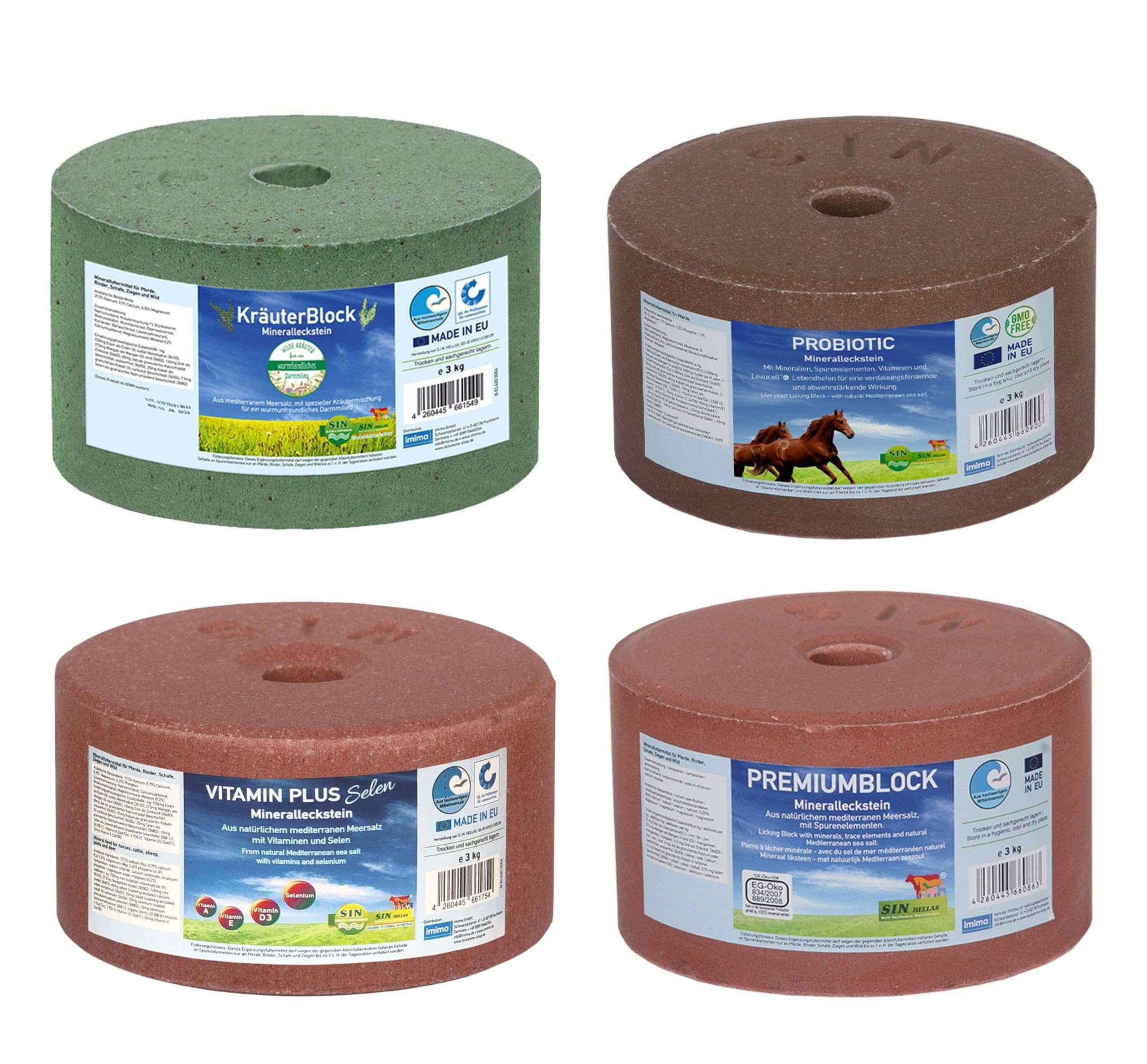 Lecksteine-Bar Premium Set 4X 3kg mit KräuterBlock, PROBIOTIC, MultiVitamin BRONCHIAL, PREMIUMBLOCK Salzleckstein Set 4 x 3 kg - Salzlecksteine für Pferde, Schafe, Ziegen, Wild und Rind