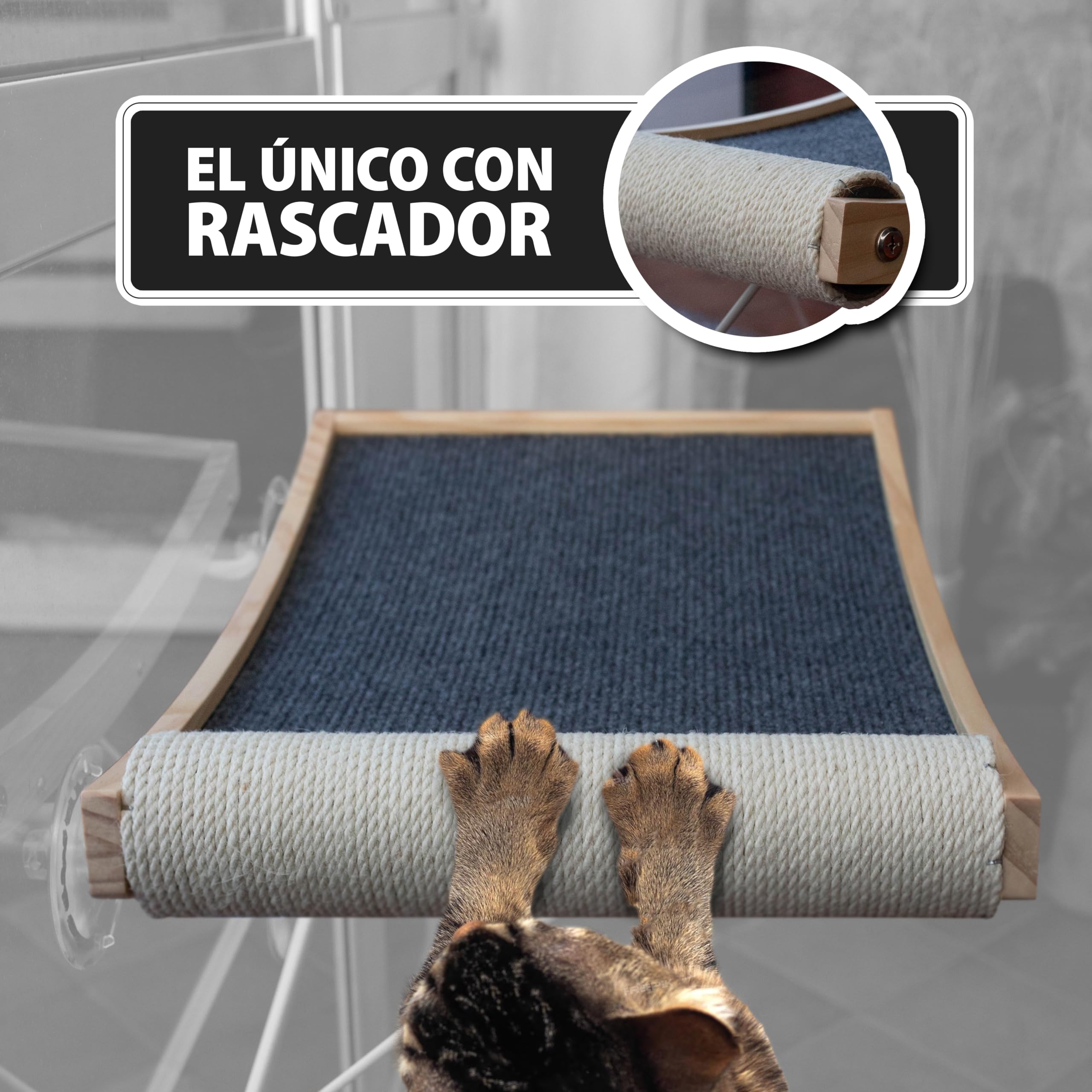 Hamaca para Gatos Con Rascador Integrado | Plegable | Cama Colgante para Ventana | Soporta Hasta 20kg | Color Grey