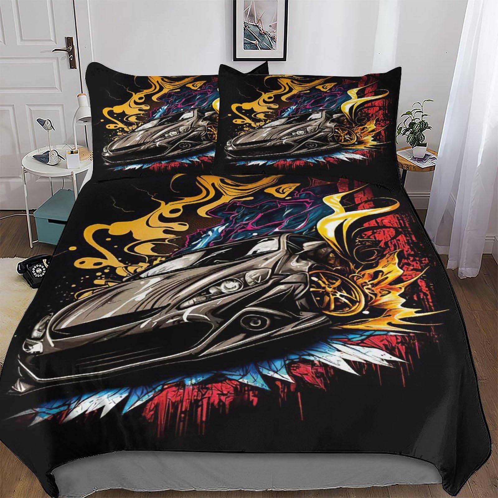 Ensemble de literie voiture de sport 220x240cm avec taies d'oreiller et fermeture éclair King
