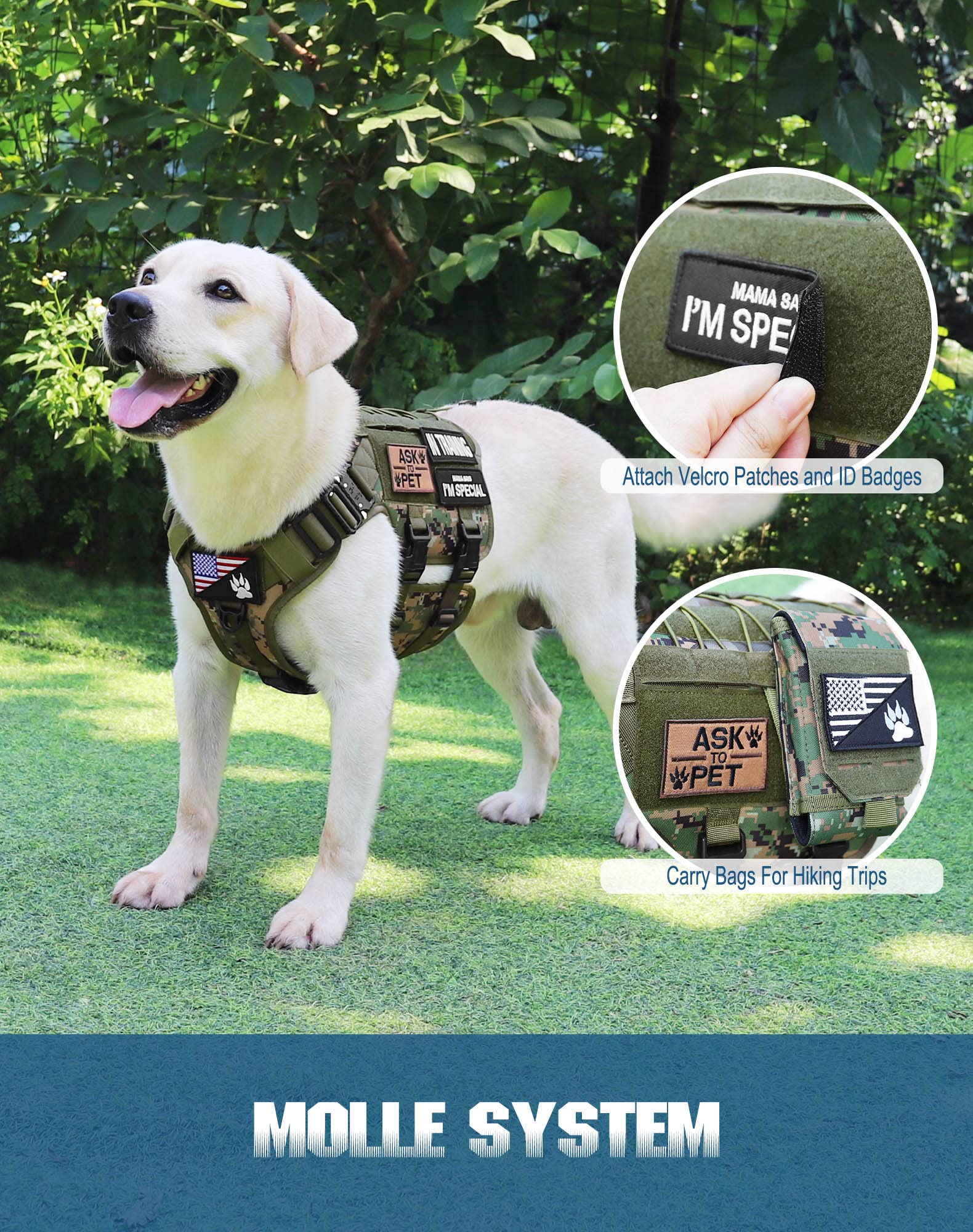PETNANNY Arnés táctico para perro, arnés para perro de servicio, chaleco de apoyo emocional para perros medianos y grandes, chaleco para perros ESA sin tirones con gancho y bucle, chaleco Molle de