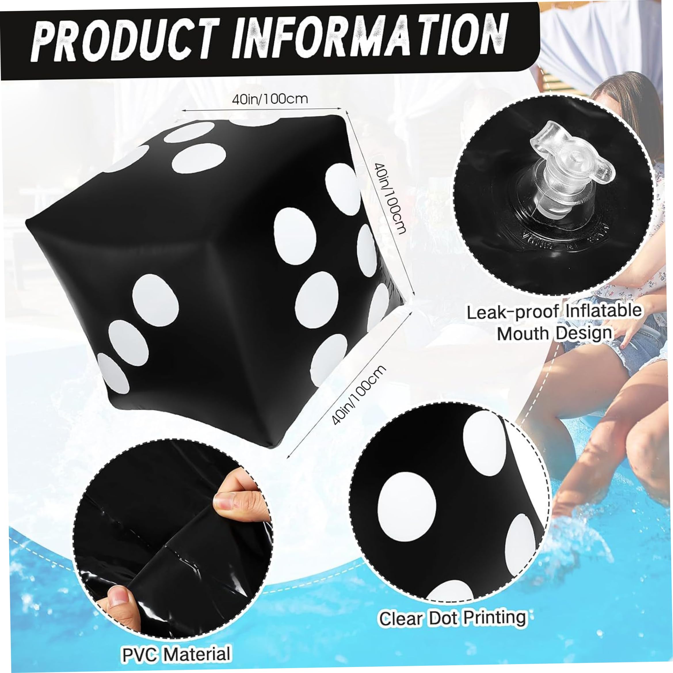 Dadi gonfiabili giganti da 40 pollici, dadi Jumbo da giardino a prova di perdite in PVC per giochi da tavolo per feste in piscina per prato all'aperto al coperto, neri - Gonfiabili