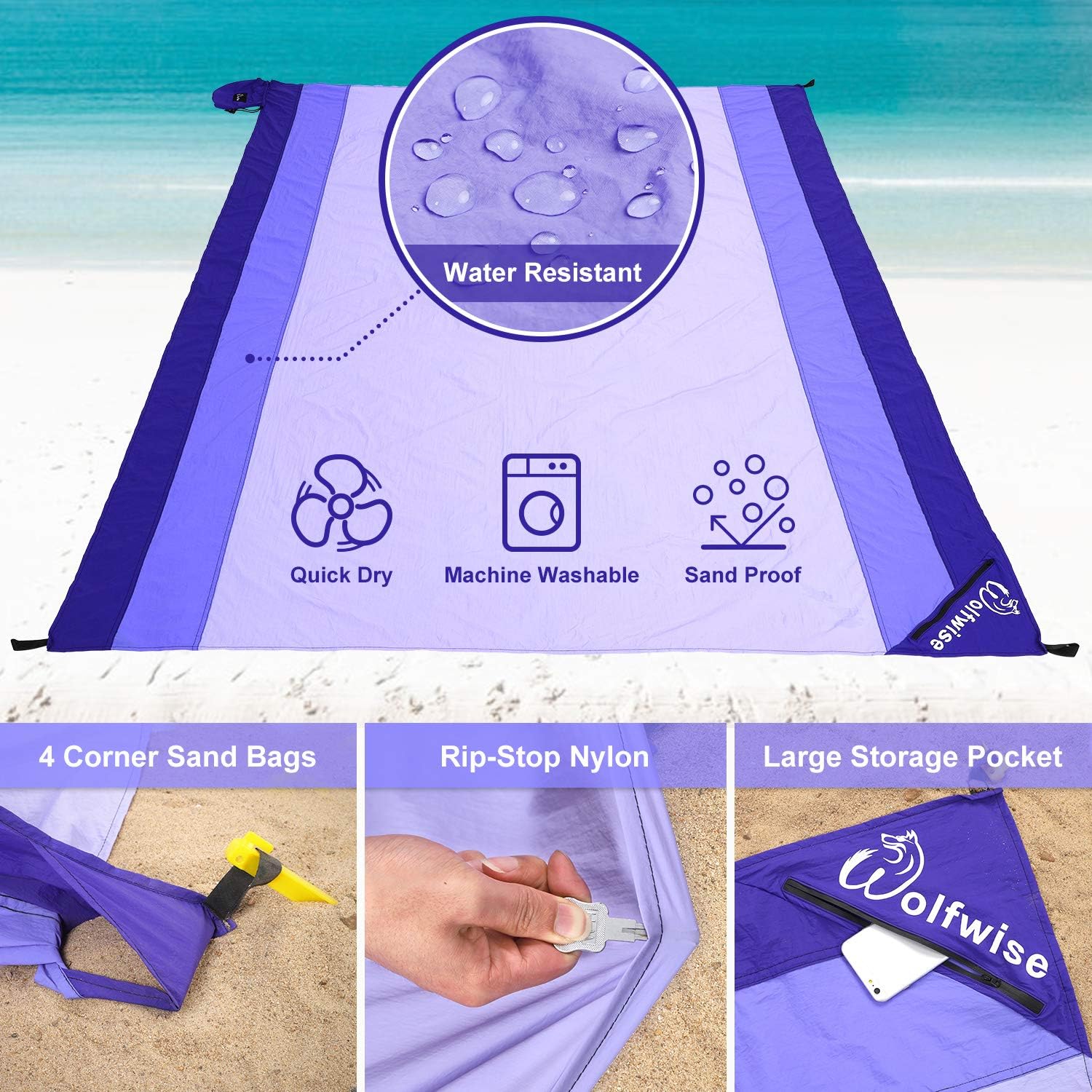 WolfWise Water-Resistant Beach Blanket, Extra Large 106“ x 82.5”Sand Escape Super Soft Nylon Beach Mat for Travel Camping Hiking Picnic, Lightweight Machine Washable with Corner Pockets, Purple