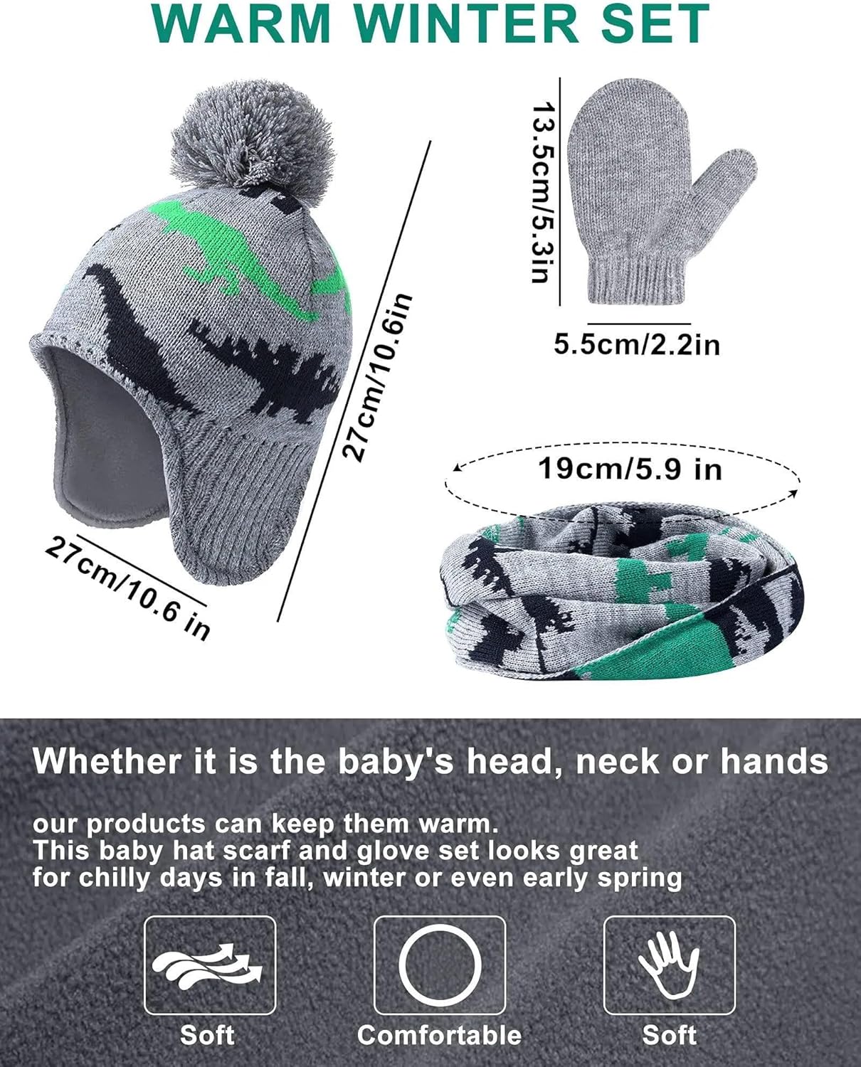 SATINIOR Winter Toddler Boys Hat Dinosaur Warm Mittens Scarf Set Pompom Baby Beanie Knitted Baby Hat Scarf Gloves Earflaps - Image 2