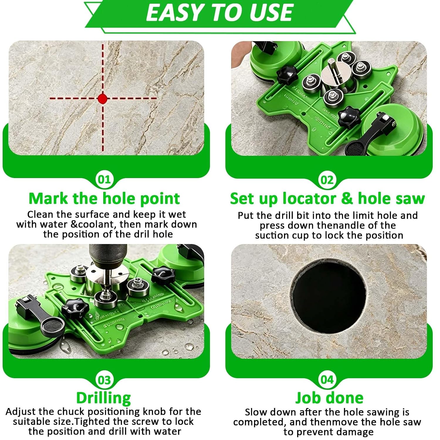 Diamond Hole Saw Kit, 16 PCS Tile Hole Saw Set, Double Suction Cup Guide & 4-Bearing Jig, 6-50mm Dry/Wet Drill Bits for Porcelain, Glass, Granite, Marble, Dry/Wet Zero-Slip Precision Cuts (Green)