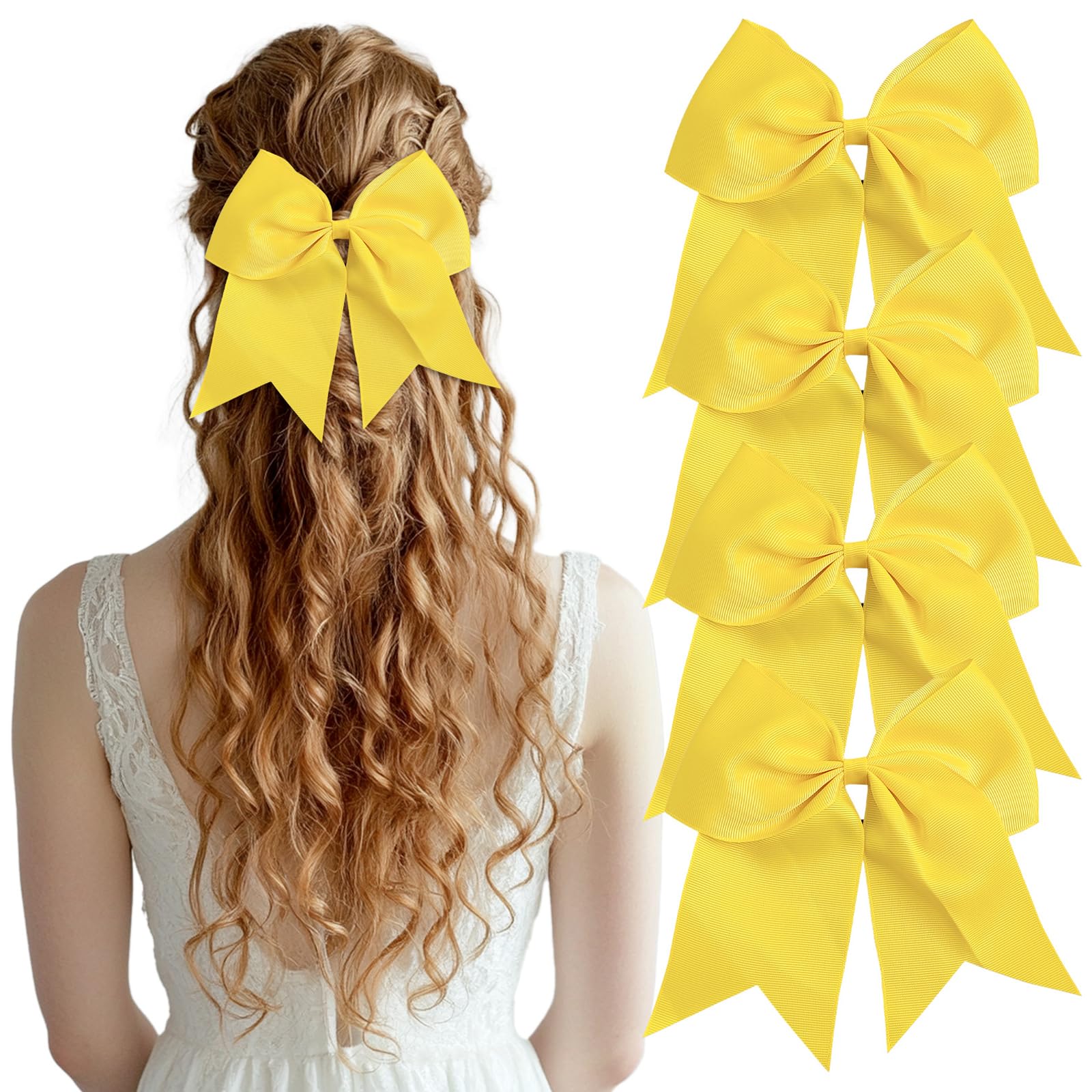 J.CARP Hair Bows Hair Ribbon, Bow Hair Ties, Ribbon Hair Bows for Women Girls Kids, Elastics Hair Scrunchies for Thick Thin Hair 4PCS Yellow