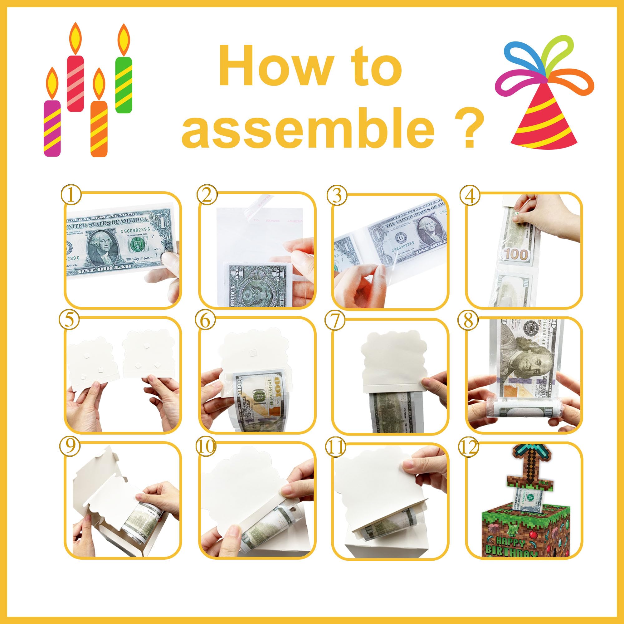 Surprise Money Box Gift Pull for Game Lover- Pixel Game Happy Birthday Money Box for Cash Gift Set Included Happy Birthday Card and 35 Pcs Transparent Bags, Fun Birthday Gift for Women Men