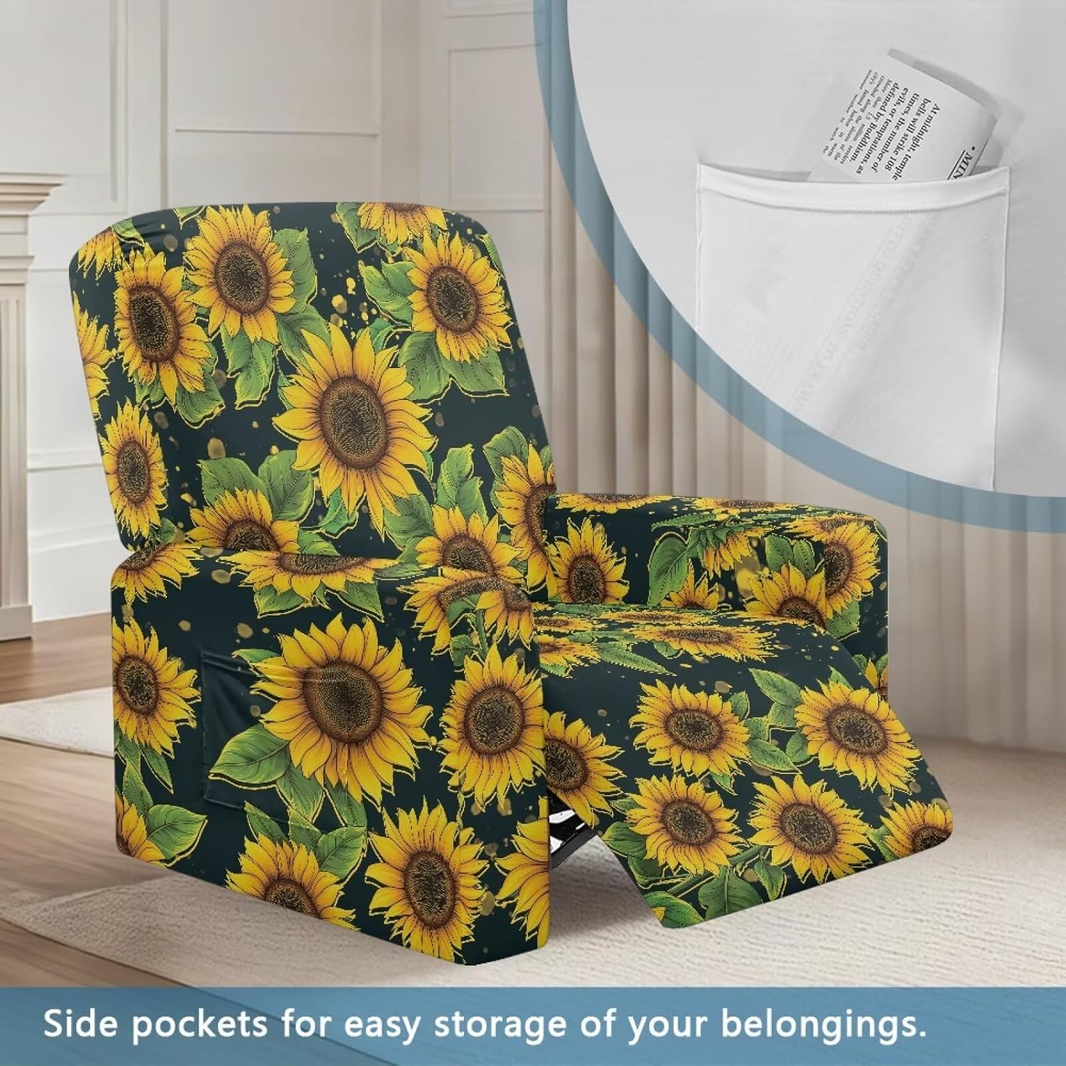 Sunflower Pattern Recliner Slipcovers 4-Pieces Covers for Electric Power Lift Reclining Chair Fitted Reclining Slipcover Floral Patterned Lazyboy Recliner Chair Cover with Handle Opening