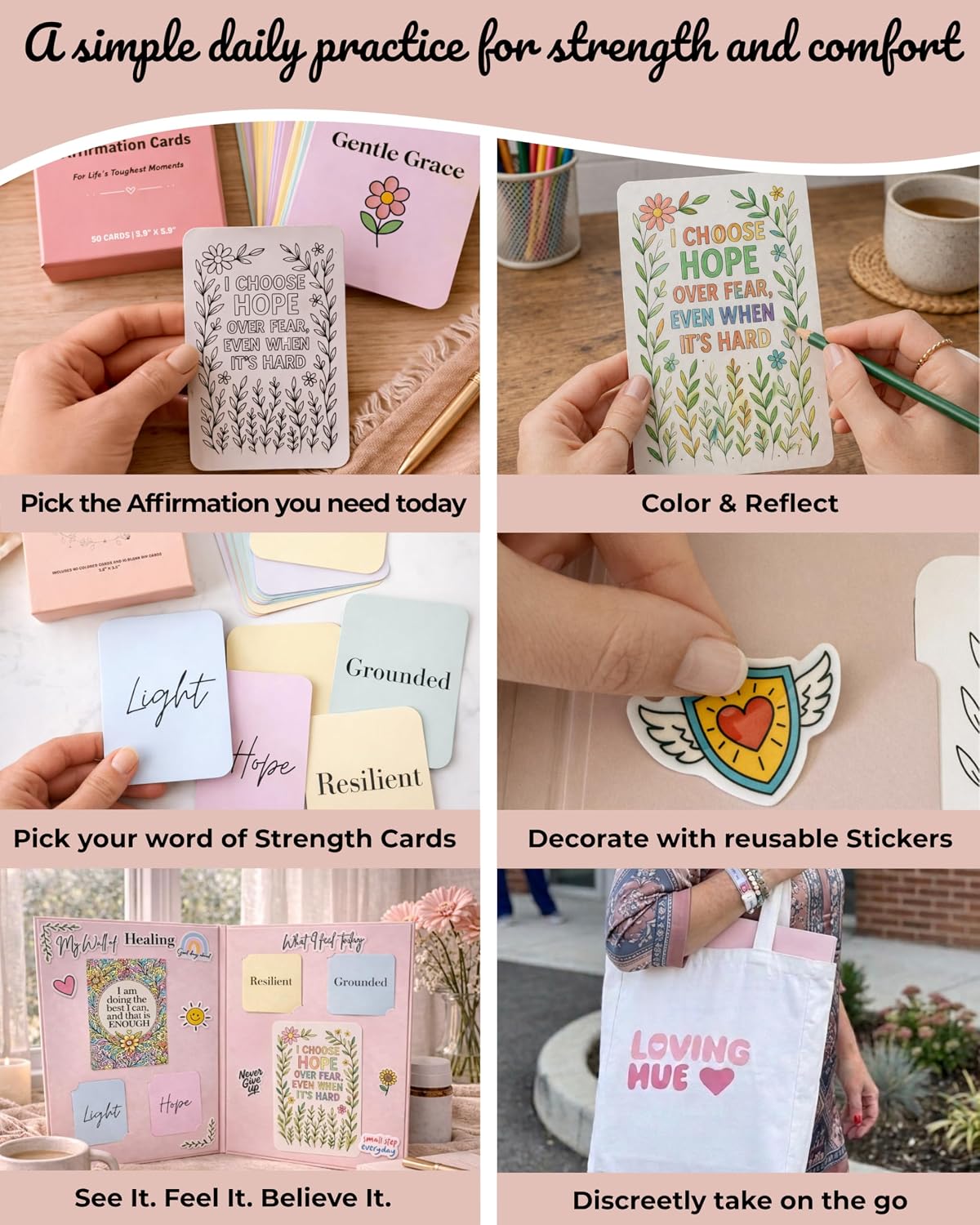 Loving Hue Color-Your-Own Affirmation Card Set - Cancer Care Gifts for Women with 50 Coloring Cards, Words of Strength Cards, Display Board, Stickers & Tote Bag - Chemotherapy Must Haves