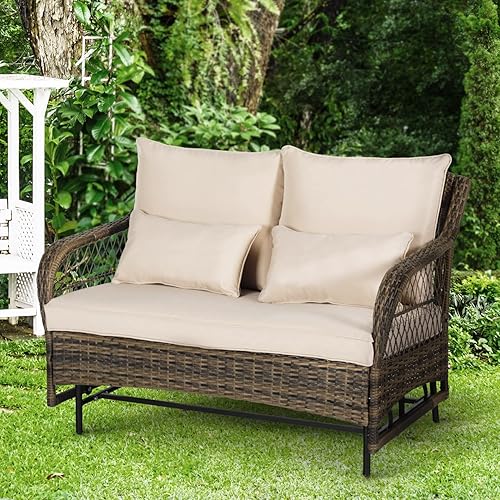 ENSTVER Juego de 2 piezas de conversación de patio con sofá biplaza de mimbre de ratán y mesa de café, para jardín, patio trasero, porche bajado