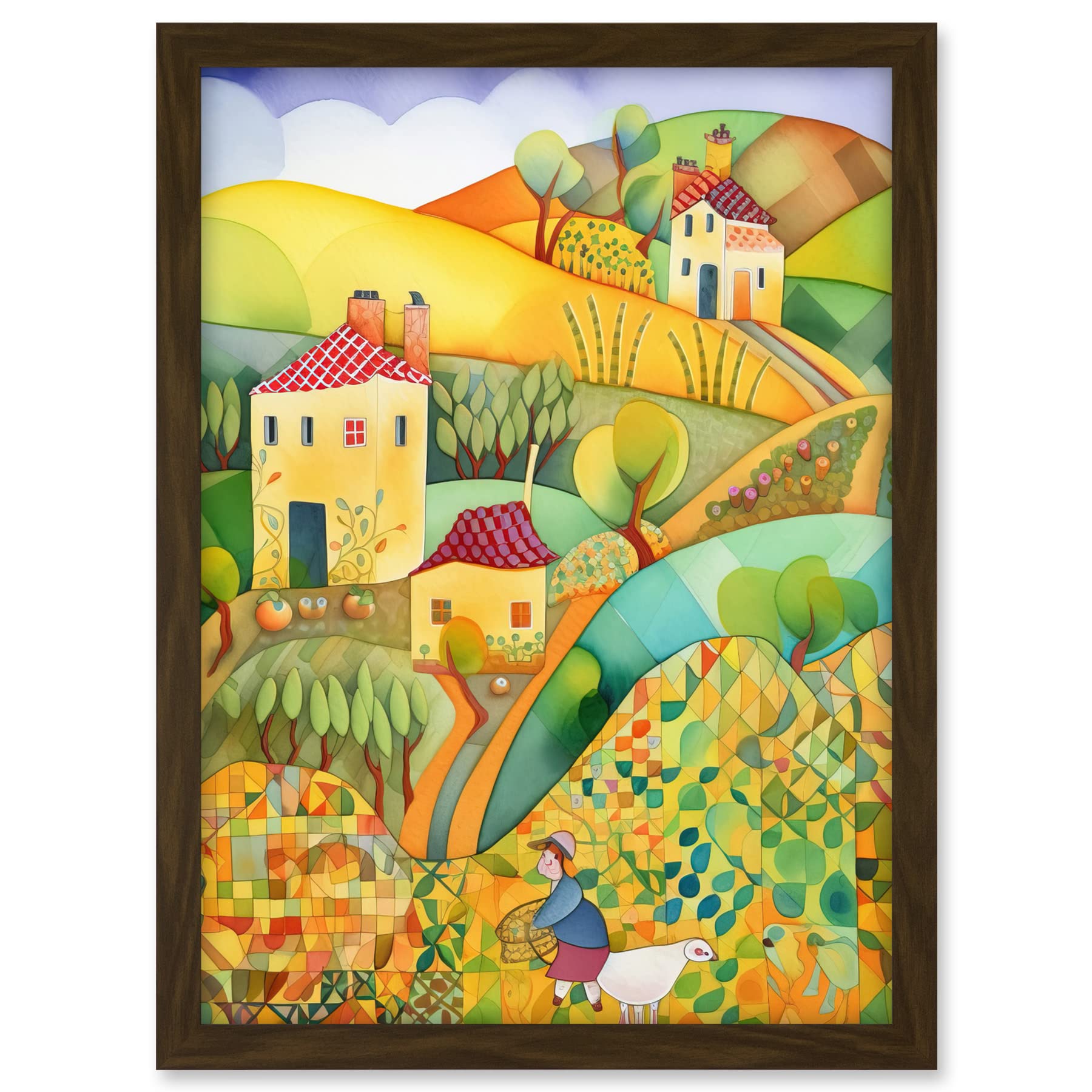 Artery8 Countryside Farming Folk Art Watercolour Painting Artwork Framed A3 Wall Art Print