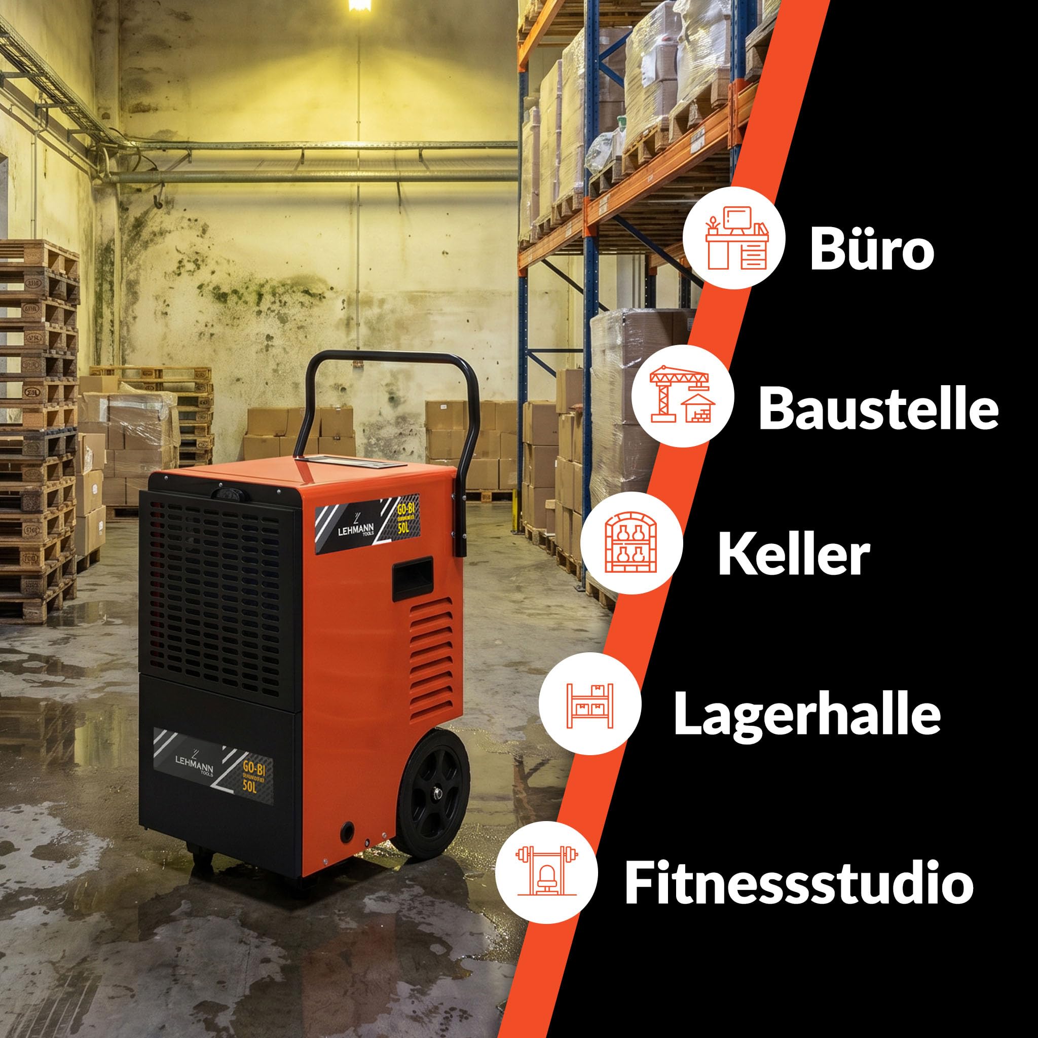 LEHMANN Profi Bautrockner Luftentfeuchter, Entfeuchtungsleistung 50 L/Tag, Fläche bis 120 m²/300 m³, Industrie Entfeuchter mit Timer, 7 L Großwasserbehälte, Geeignet für Keller & Große Räume