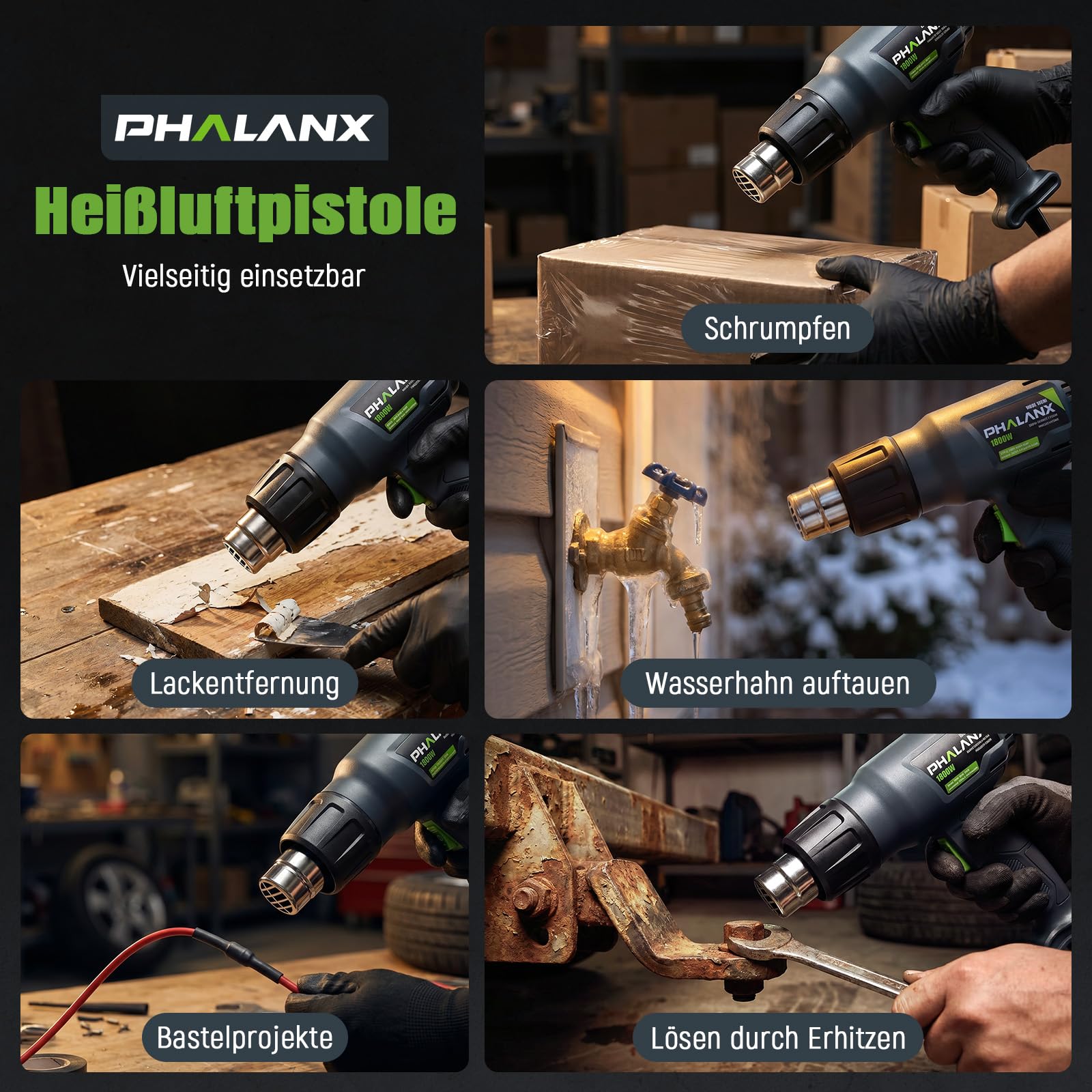 Heißluftpistole, 1800W heißluftfön mit 4 Düsen, 2 einstellbare Temperaturstufen 400℃- 600℃ Heissluftgebläse mit Überlastschutz für Handwerk, Schrumpfen, Folieren