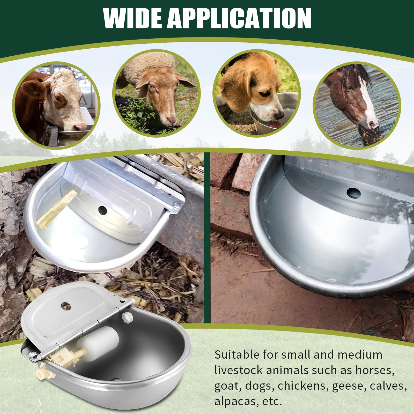 Cuenco automático de agua potable para animales con válvula flotante, cuenco de agua potable de acero inoxidable para caballo, cabra, cerdo, perro. (sin orificio de drenaje)