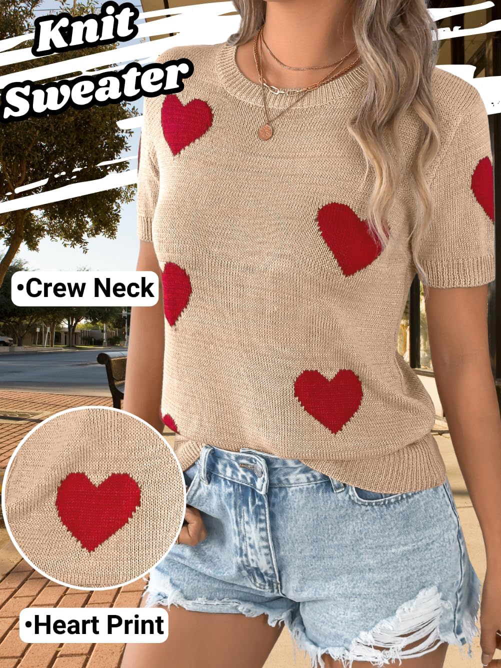 Kaei&Shi Heart Short Sleeve Sweater,Summer Sweaters for Women Lightweight,Dressy Casual Valentines Knit Tops - Image 2