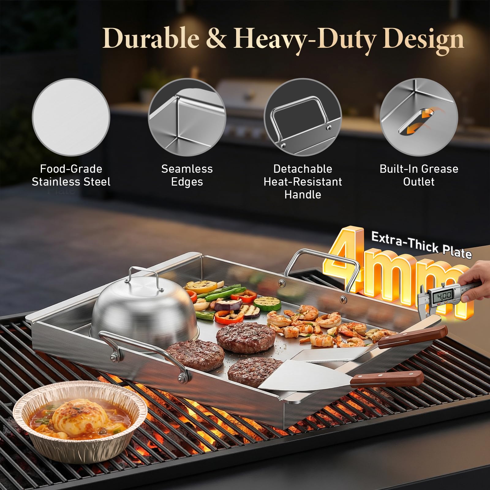 Universal Edelstahl Grillplatte 40x30 cm für Gasgrill - 4mm Massiv Plancha Set inkl. Burger Glocke, 2 Grillspachtel & Abnehmbare Griffe - BBQ Grillplatte für Weber, Enders, Kohlegrill & Backofen