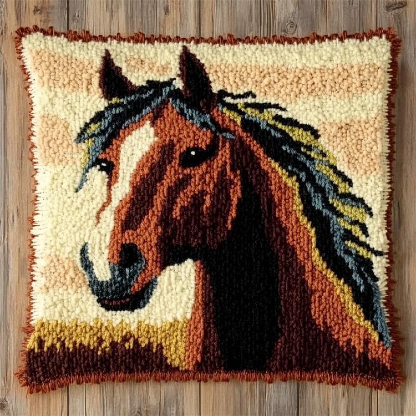 ANSIWEIGO Animal DIY Latch Hook Kits for Adults,A Brown Horse,Latch Hook Cushion Cover Kit,DIY Carpet Cushion Crocheting Pillowcase for Home,43x43cm/17x17inch