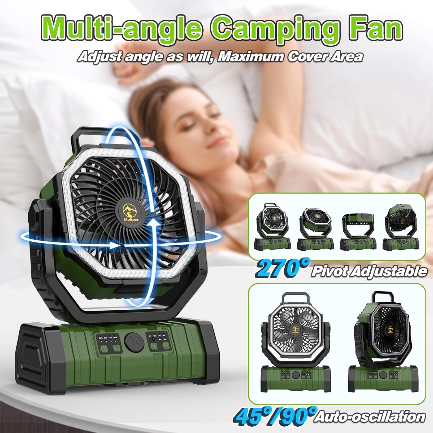 20000mAh Rechargeable Portable Camping Fan, USB Battery Operated Powered Shaking Head Fan with LED Lantern, 4 Speed 4 Timing Oscillating for Camping with Remote & Hook for Fishing,Travel, Jobsite - Image 6