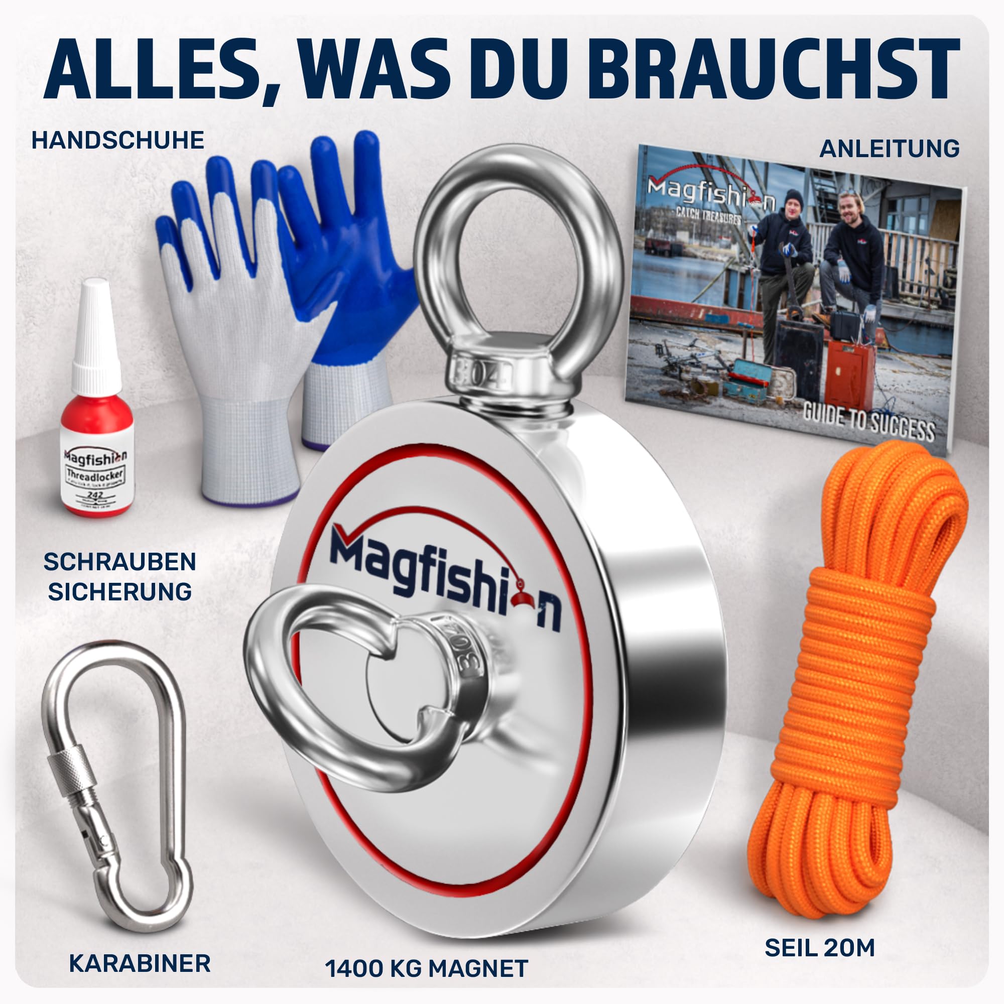 MAGFISHION Magnetfischen Set - 1400 KG (2 x 700kg) - Ø135mm - Neodym Magnet mit Seil (20M) & Handschuhe - Magnet Fischen Angel - Ösenmagnet - Fishing Magnetangel - Magnetangeln Set