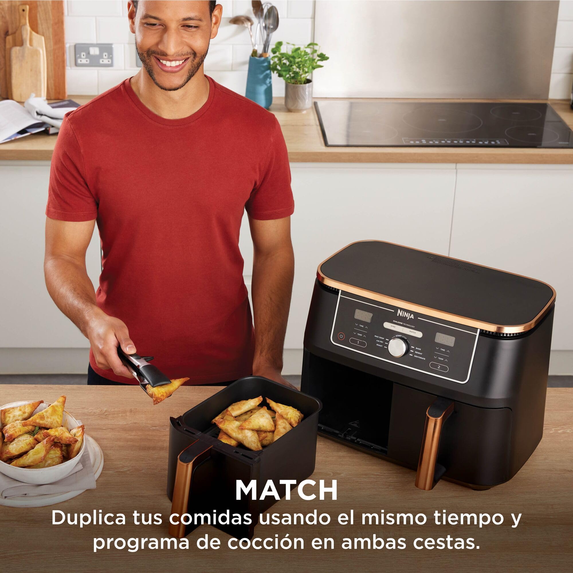 Ninja Foodi MAX Freidora de aire con compartimento doble, 9,6 l, 6 en 1, no usa aceite, Max Crisp, Asar, Hornear y más, pinzas, 8 porciones, cestas antiadherentes, en cobre y negro, AF400EUCP