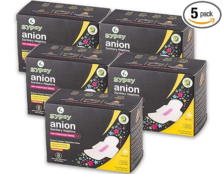 Gypsy Anion Ultra Thin Sanitary Pads For Women With Wings - Large - 40 Napkins (5 x 8) - Soft, Organic Cotton, Anti-Bacterial & Biodegradable